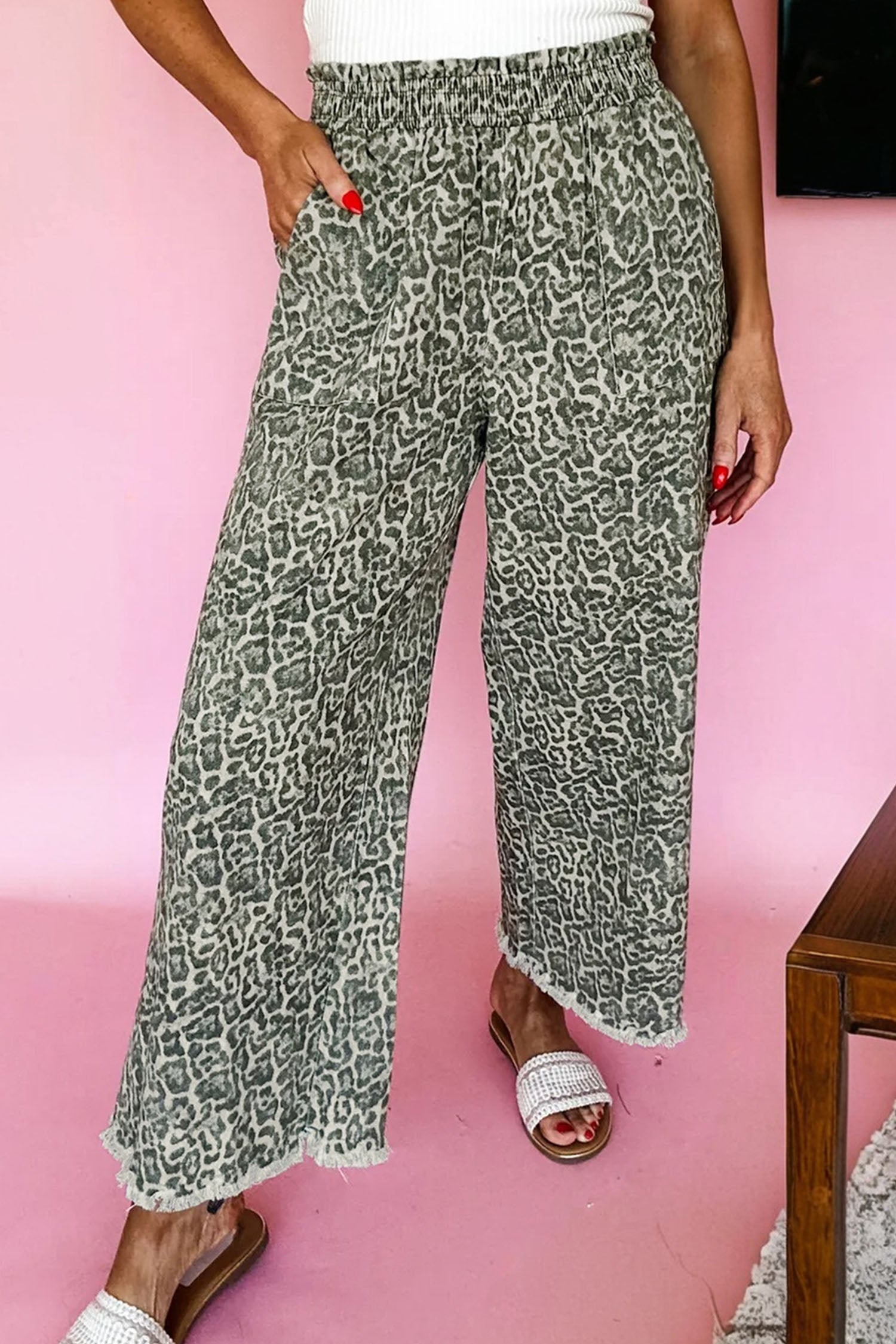 Leopard Print Raw Hem Elastic Waist Loose Pull On Jeans - eAura