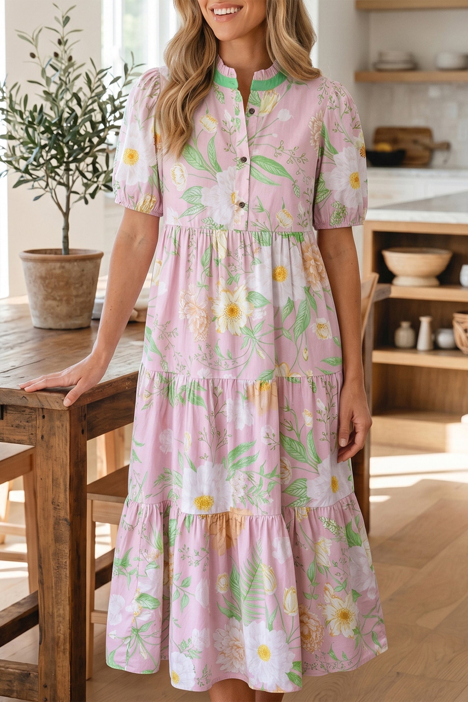 Floral Print Short Puff Sleeve High Waist Tiered Maxi Dress – Pink
