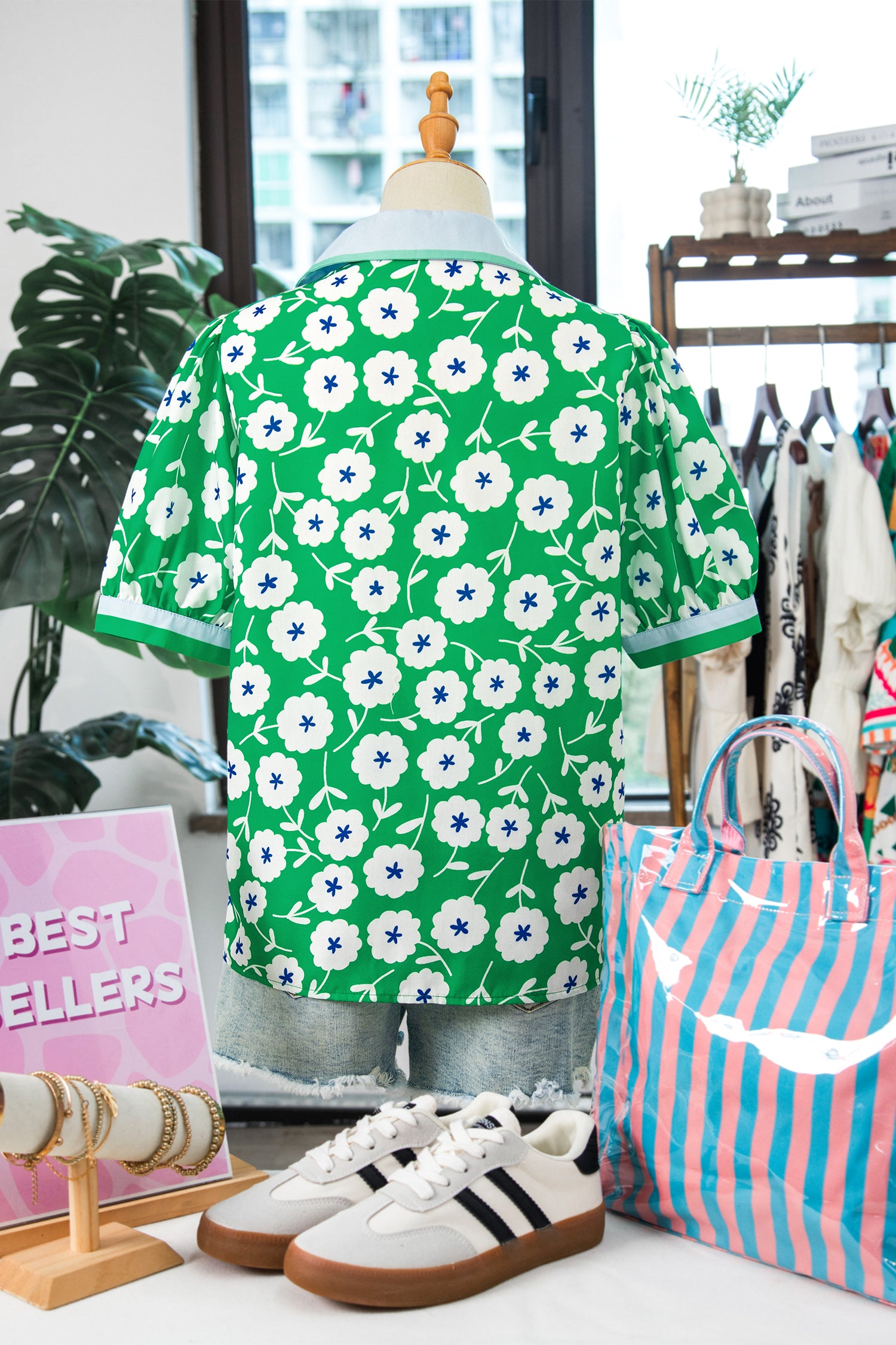 Flower Printed Contrast Patchwork Collar Short Sleeve Blouse – Green