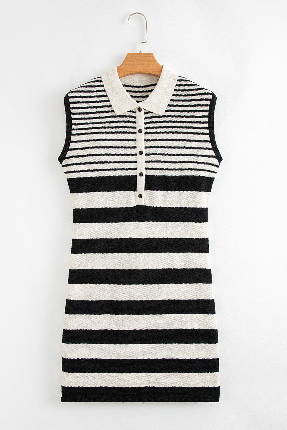 Black Mixed Striped Print Half Placket Collared Cap Sleeve Bodycon Sweater Dress eAura