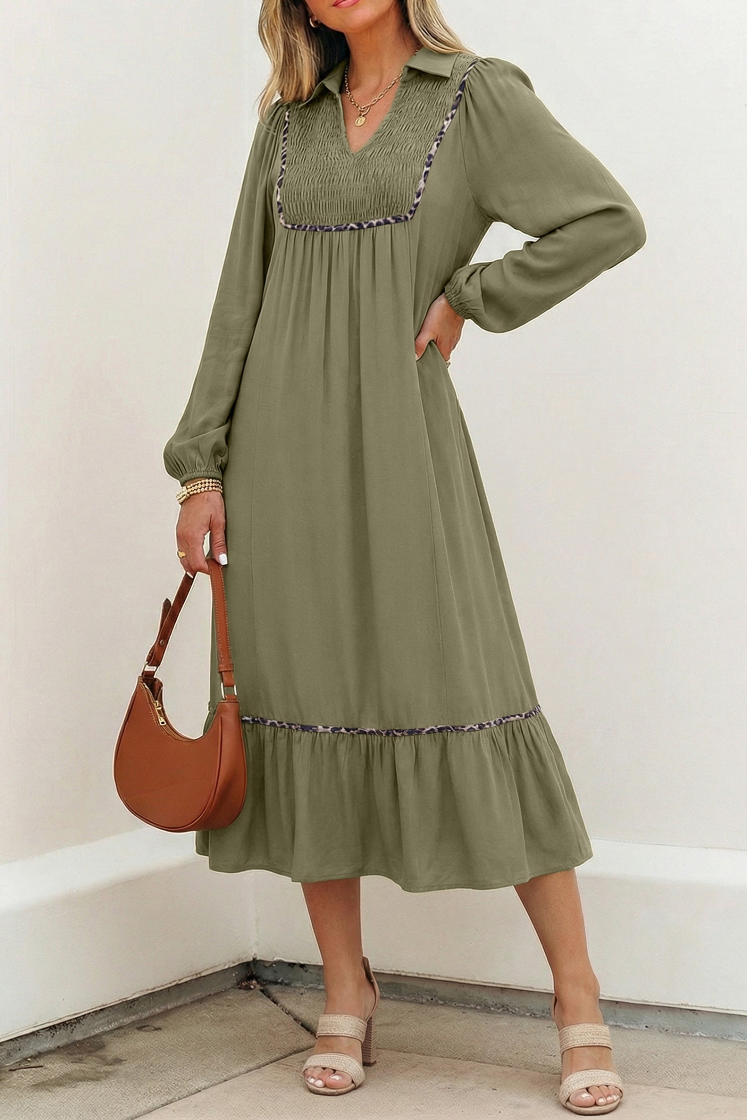 Collared V-Neck Smocked Detail Contrast Leopard Trim Bracelet Sleeve Long Dress
