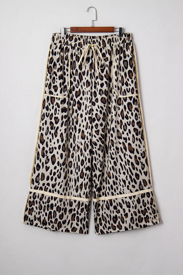 Exposed Seam Patched Pocket Plus Size Drawstring Leopard Wide Leg Pants - eAura