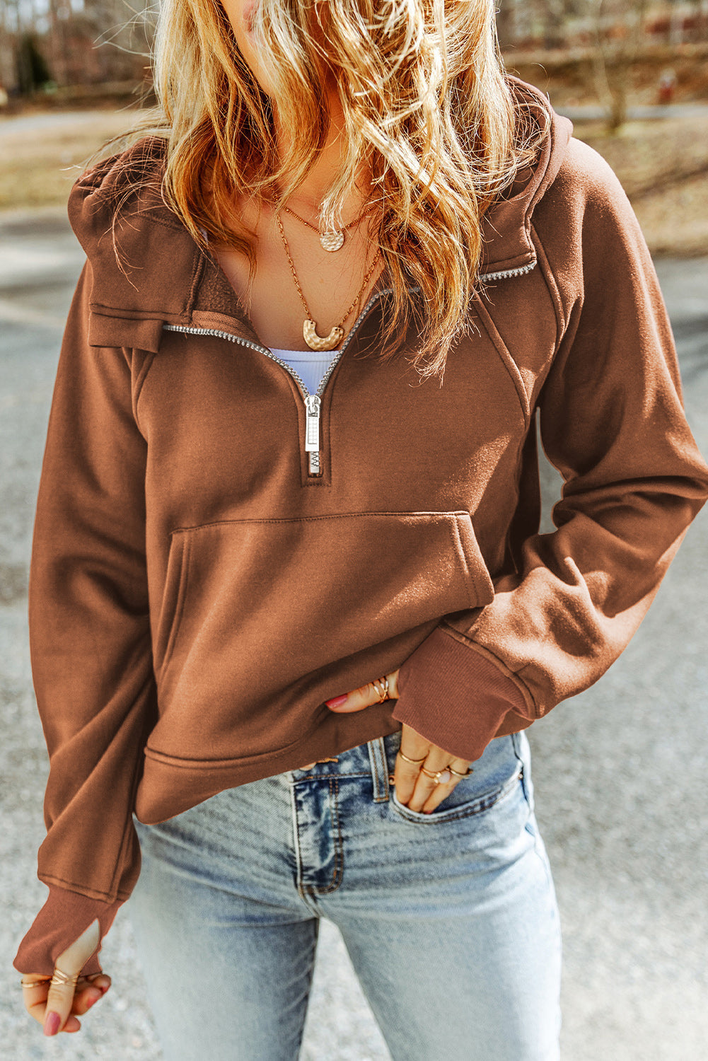 Pink Quarter Zip Kangaroo Pocket Hoodie eAura