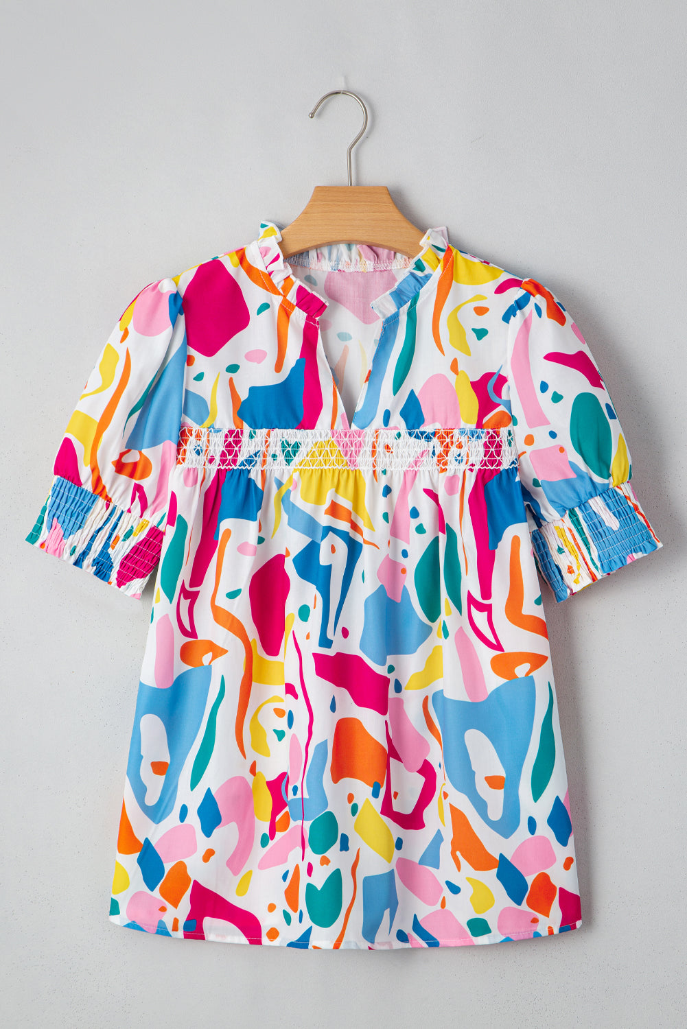 Multicolour Abstract Print Lace Detail Shirred Short Sleeve Split Neck Blouse eAura