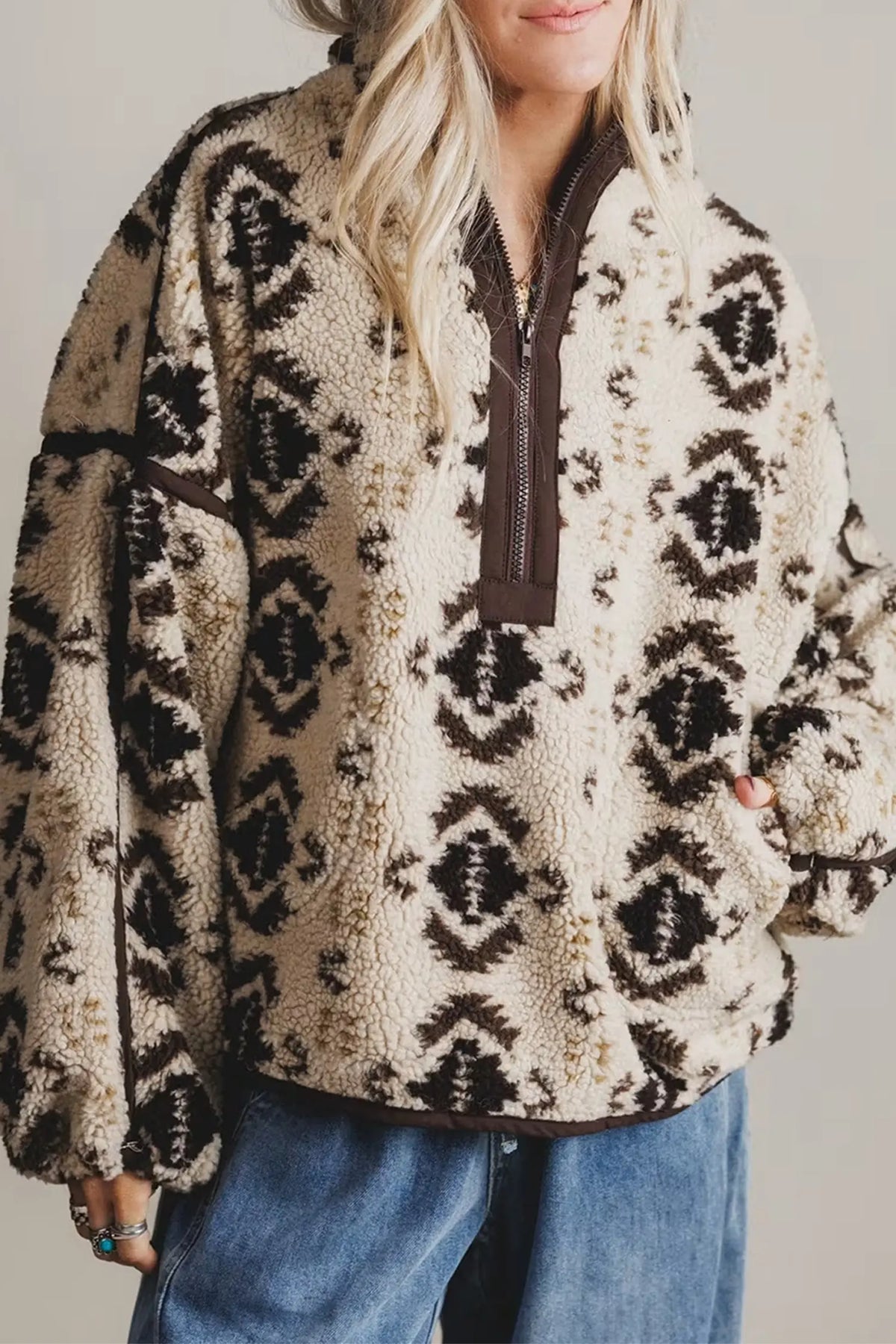 Khaki Western Print Geometric Fleece Pullover Sweatshirt