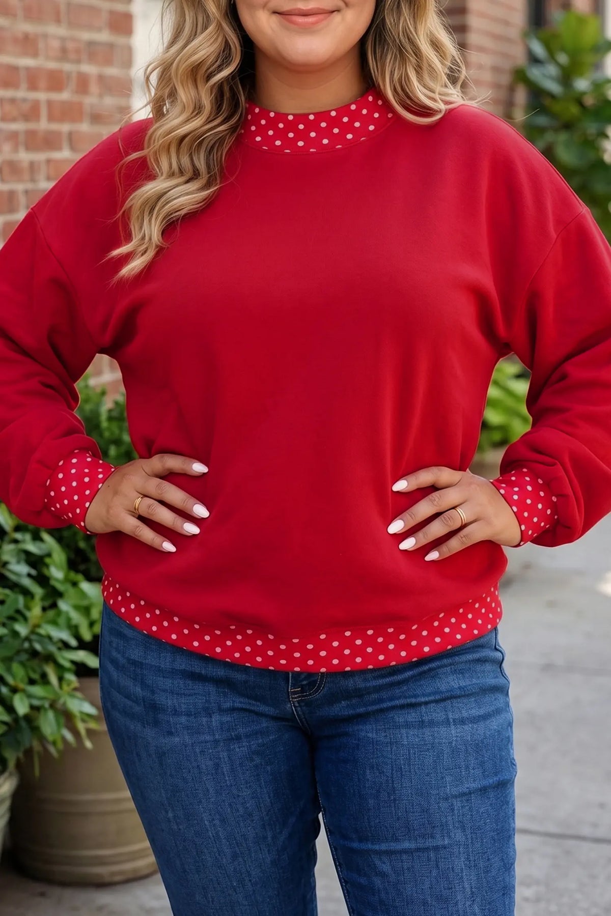 Polka Dot Patchwork Round Neck Plus Size Sweatshirt – Racing Red