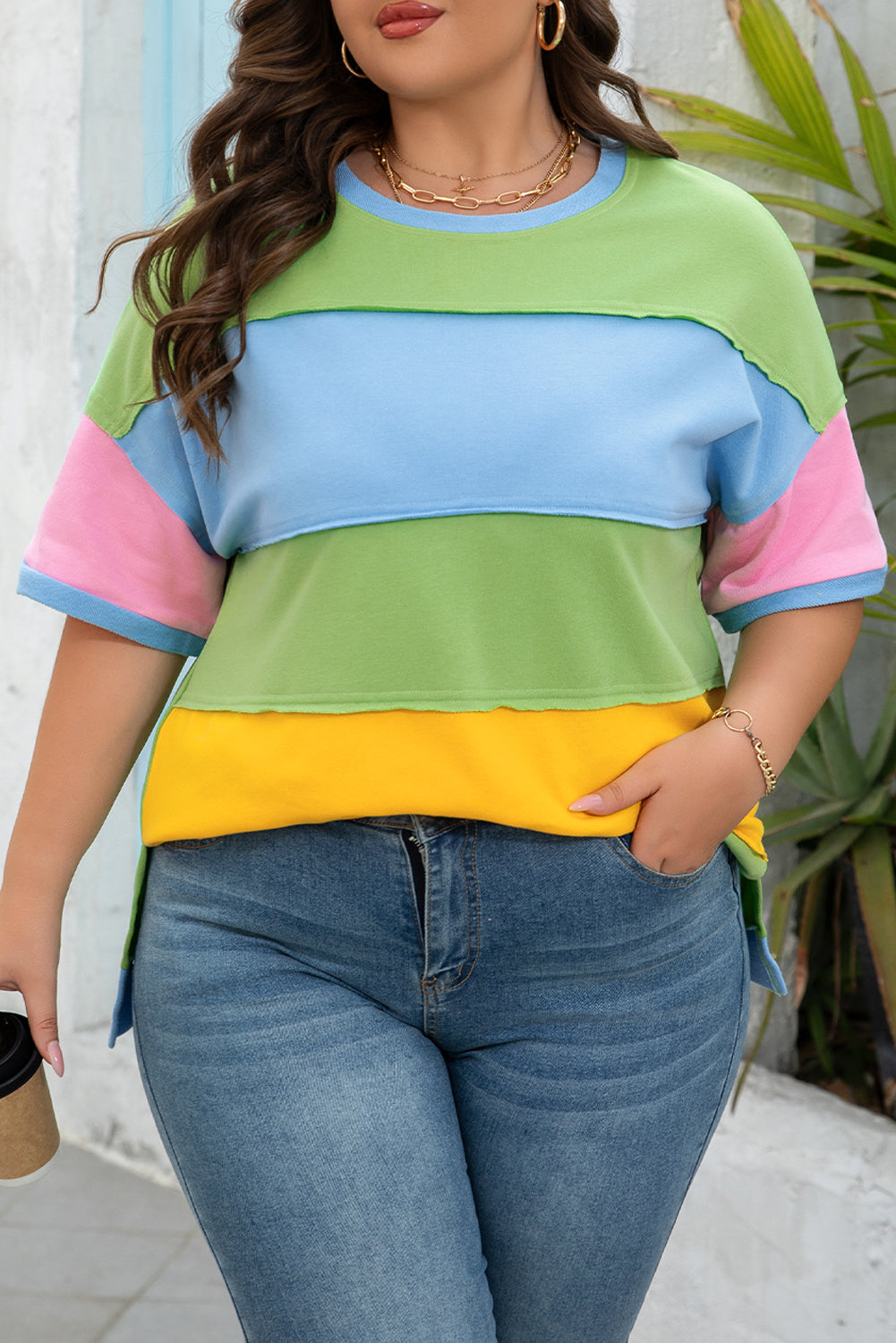 Light Blue Colour Block Exposed Seam Patchwork Plus Size T Shirt BB Fashion Outlet
