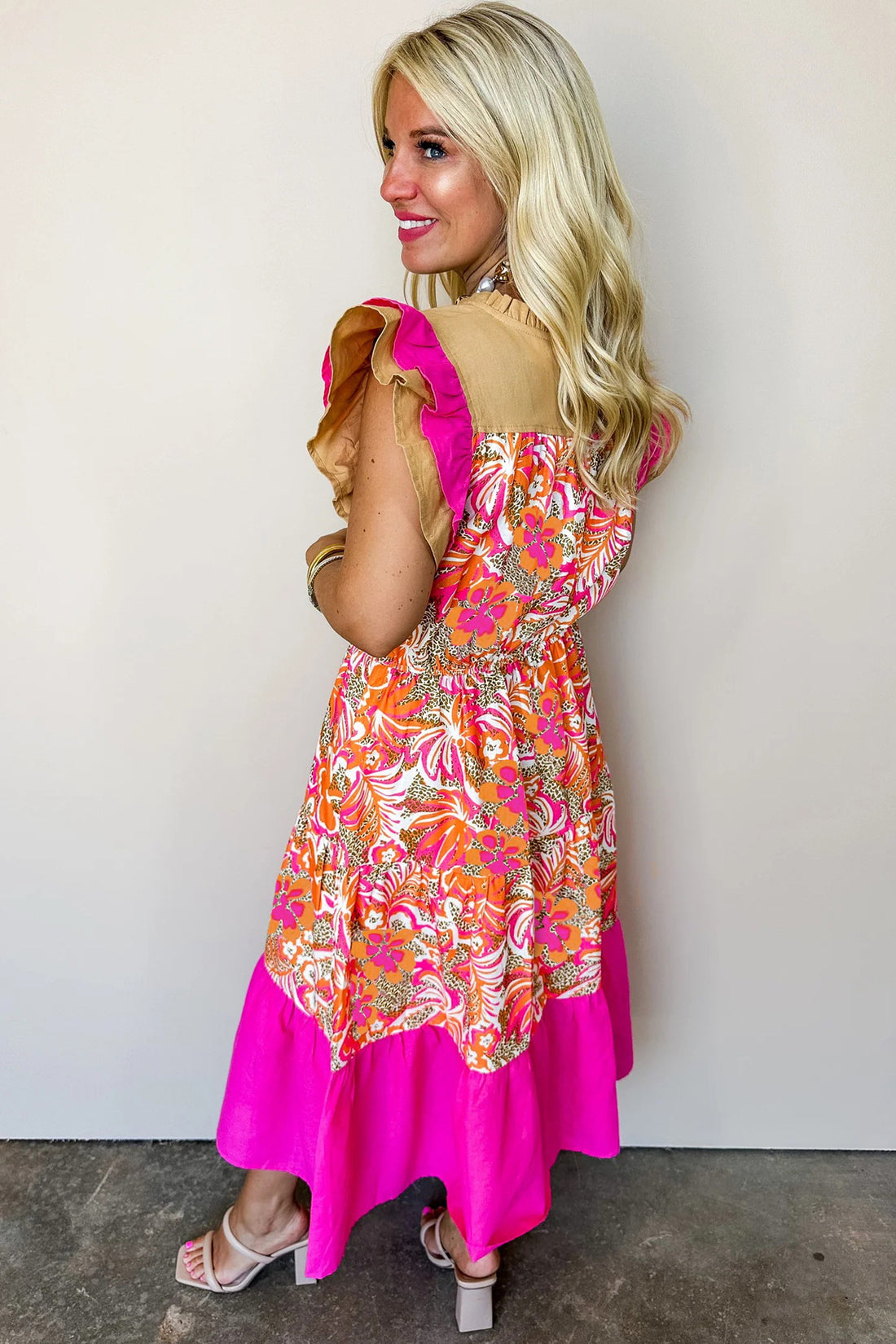 Floral Print Colour Block Ruffled Short Sleeve Flared Midi Dress