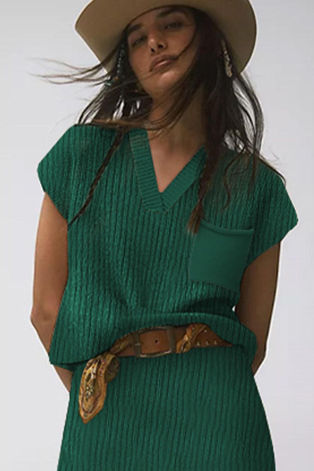 Blackish Green Chest Pocket V Neck Ribbed Cap Sleeve Sweater eAura