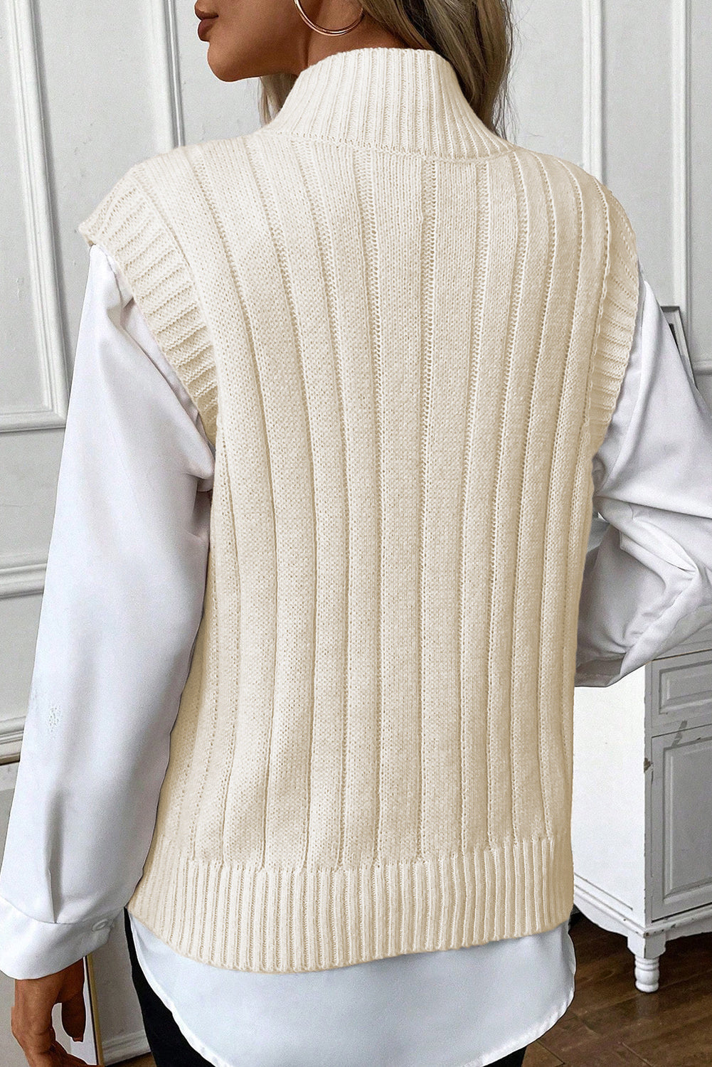 Oatmeal Cable Knit High Neck Sweater Vest eAura