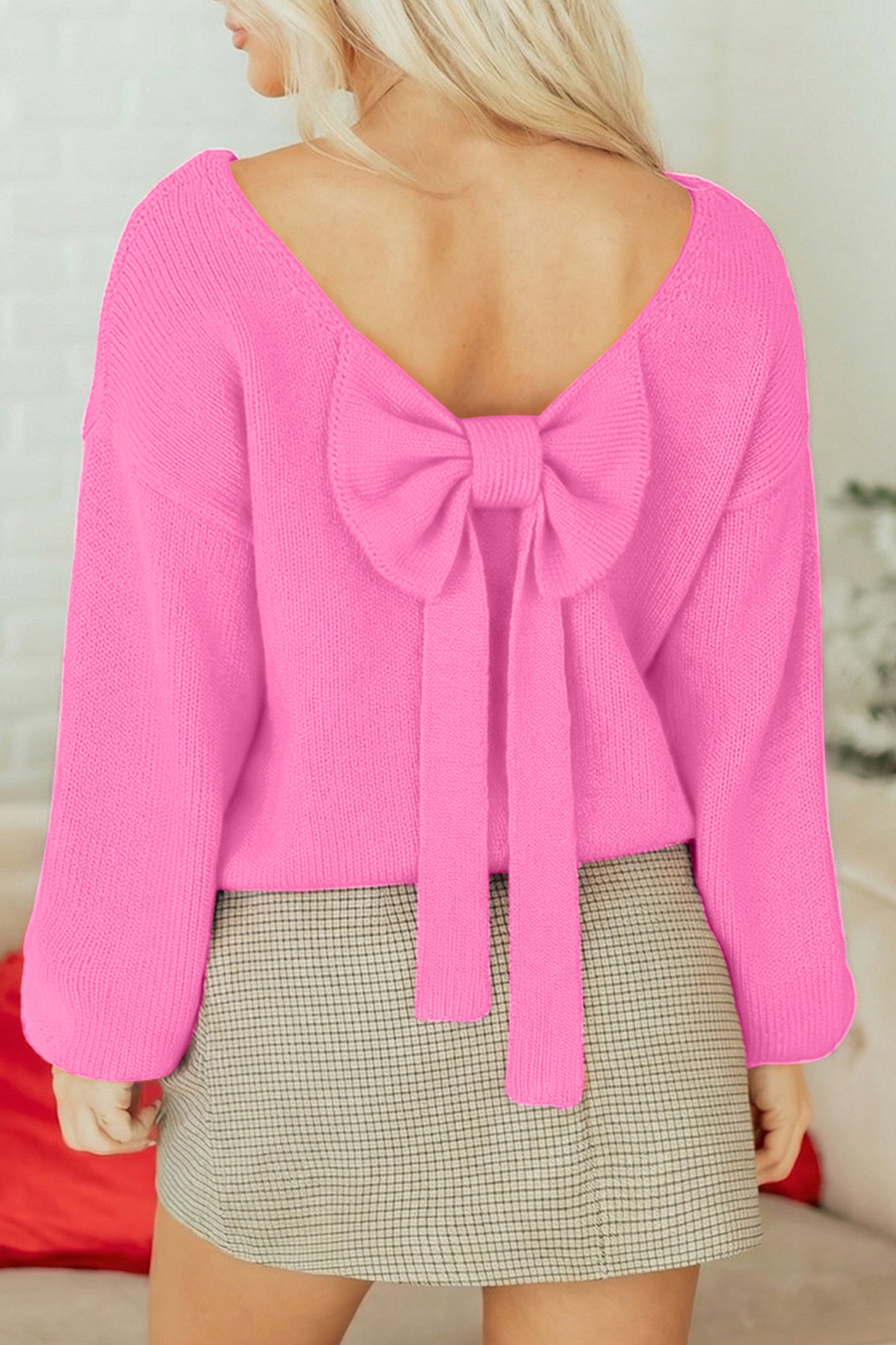 Bow Backless Bubble Sleeve Sweater - Sweaters & Cardigans/Sweaters