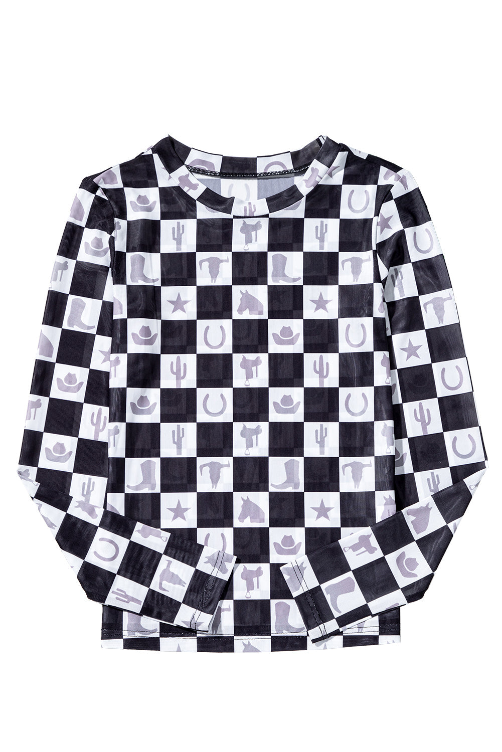 Black Checkerboard Western Elements Printed Mesh Long Sleeve Top eAura