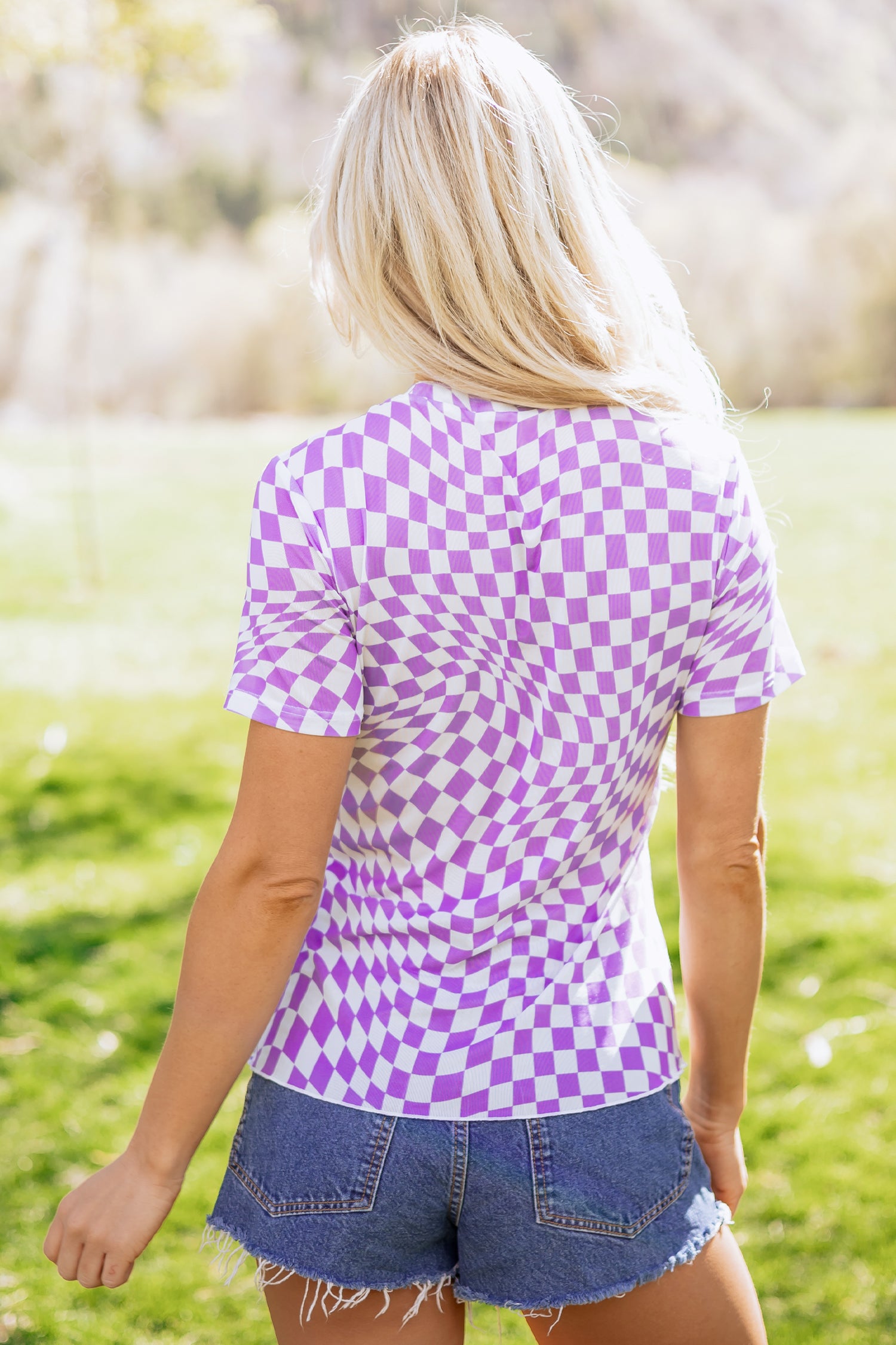 Checkered Print Crew Neck Mesh T-Shirt – Orange, Khaki, Black & Purple
