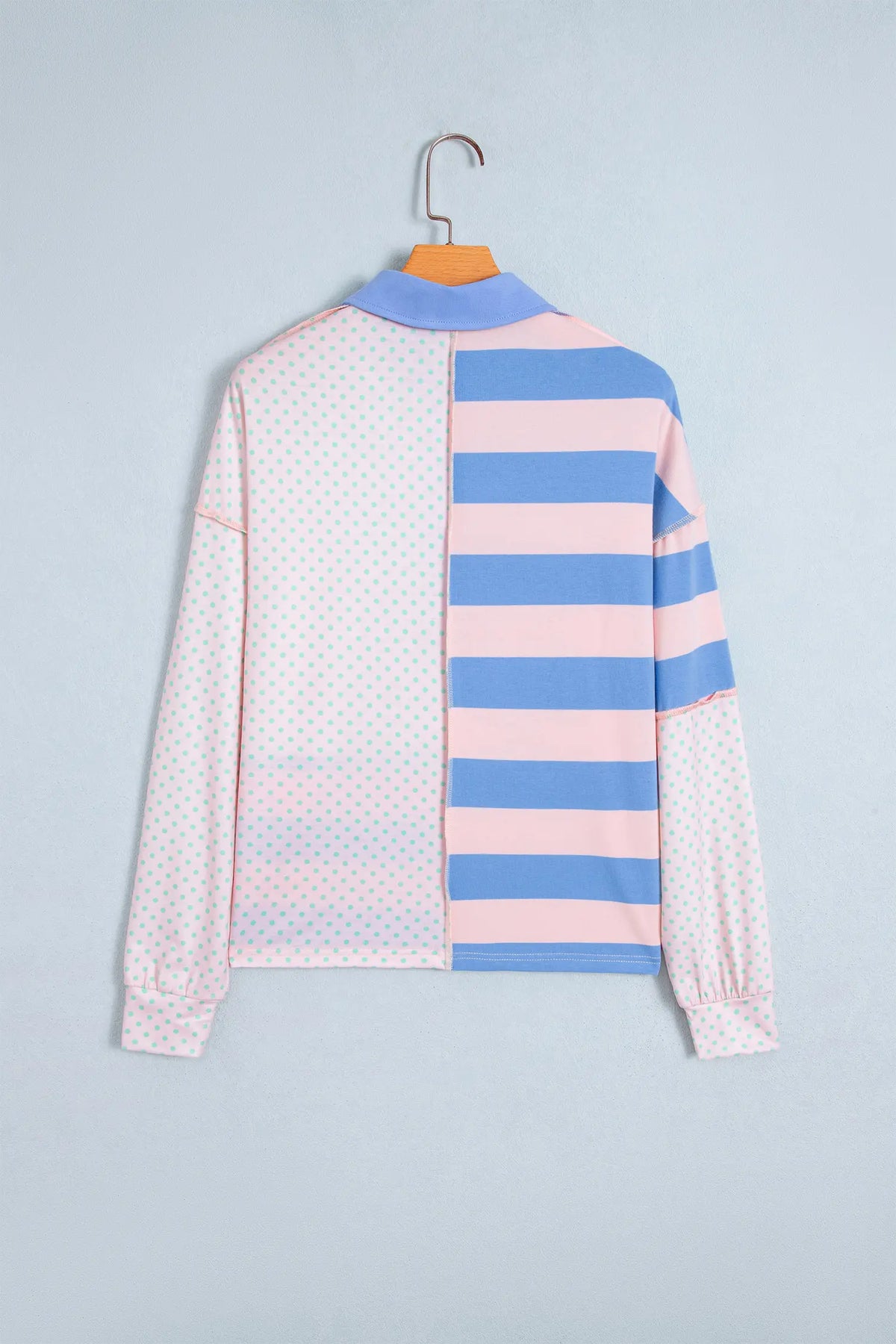 Polo Collar Long Sleeve Top — Patchwork Polka Dot & Stripe