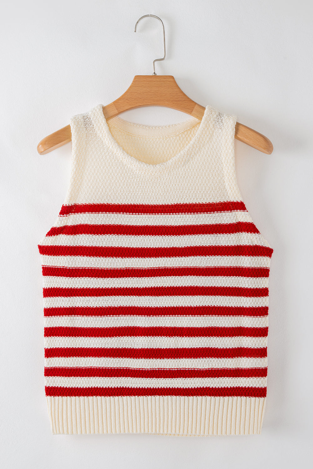 Red Stripe Textured Knit Ribbed Hem Sweater Sleeveless Top eAura