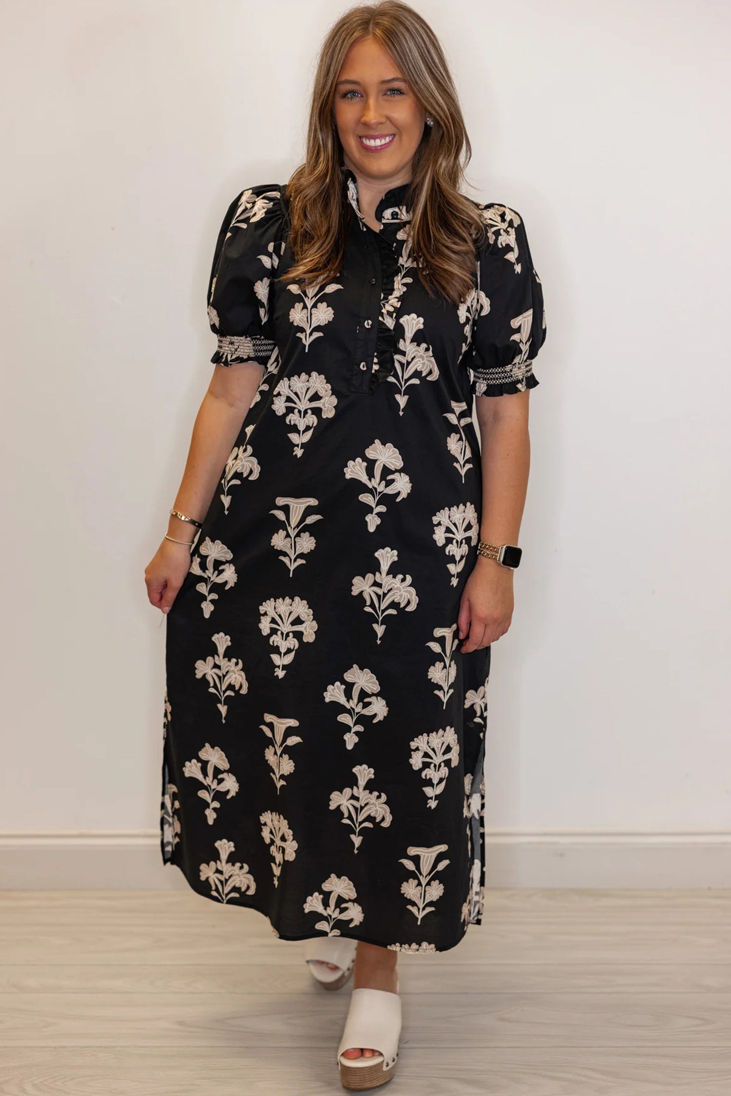 Floral Print Frilled Collar Short Puff Sleeve Plus Size Maxi Dress