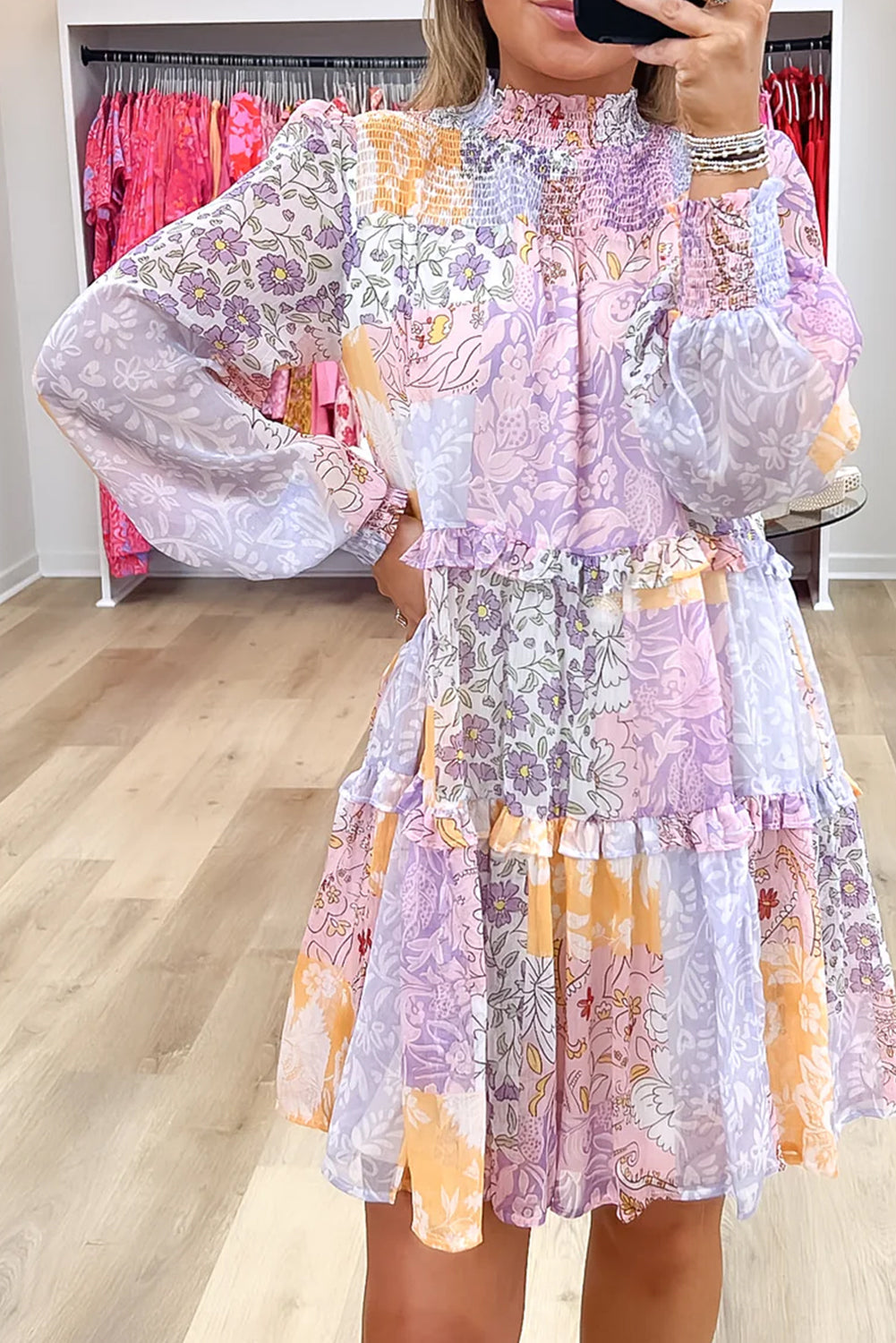 Multicolour Floral Smocked Mock Neck Ruffled Tiered Bubble Sleeve Dress eAura