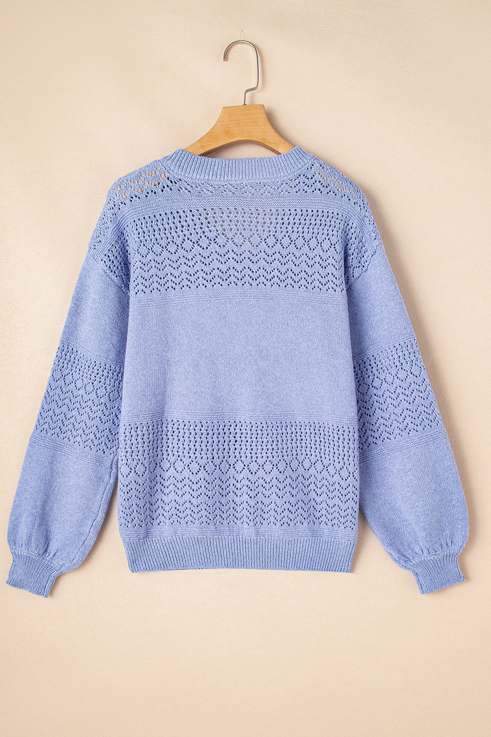Sky Blue Eyelet Pattern Detail V Neck Drop Shoulder Sweater eAura