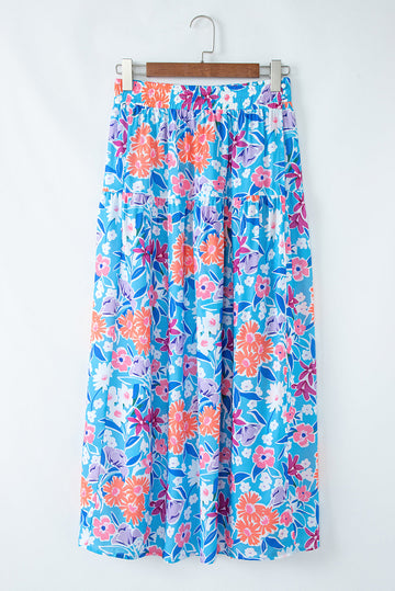 Sky Blue Floral Printed High Waist Split Wrap Long Skirt eAura