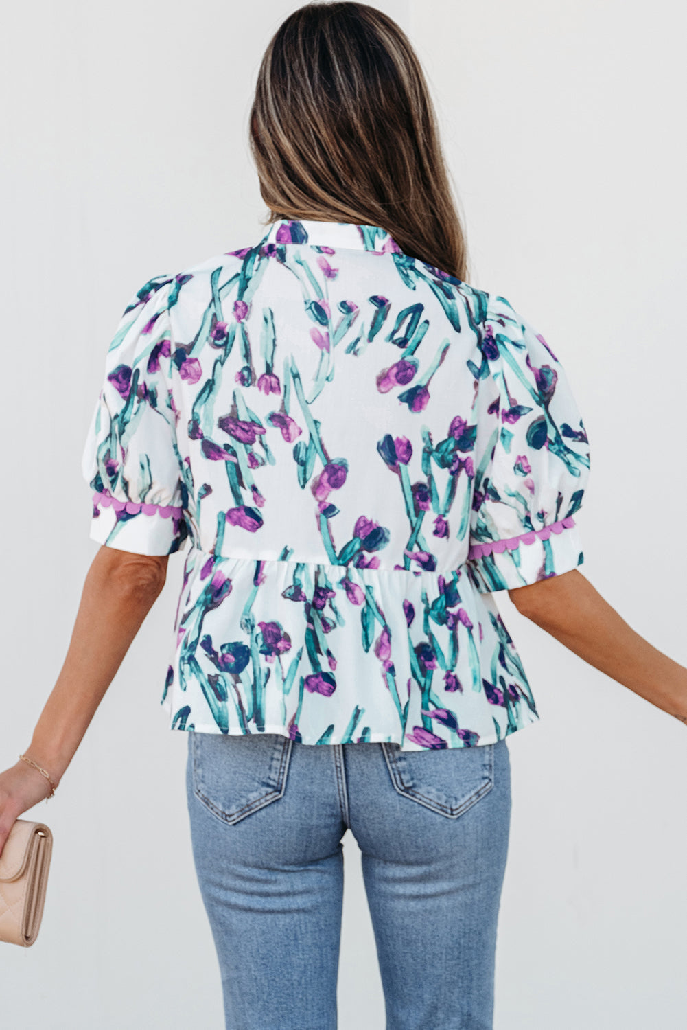 Purple Floral Ricrac Trim Half Sleeve Peplum Top eAura
