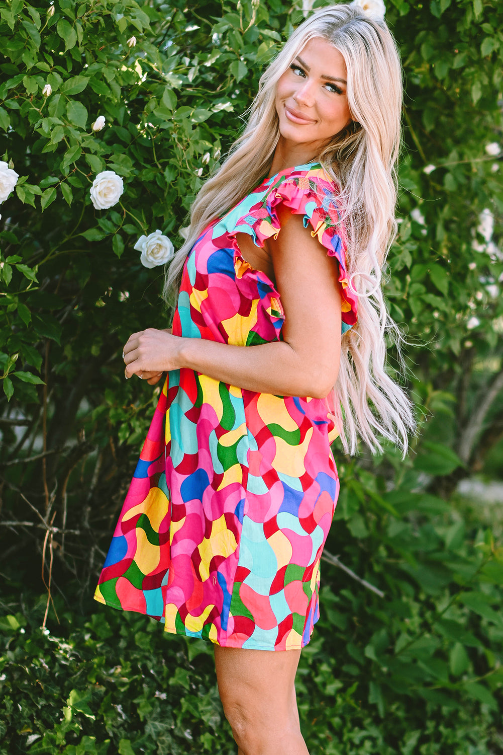 Rose Red Abstract Print Ruffle Sleeve Shift Dress eAura