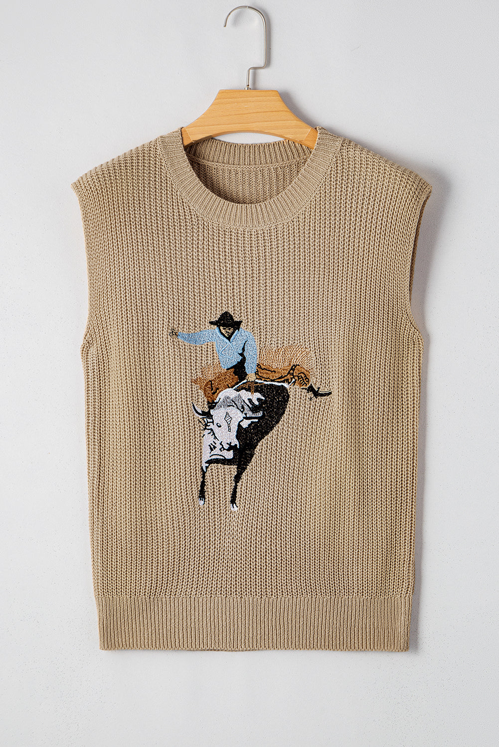 Cowboy Embroidery Round Neck Sleeveless Knit Top