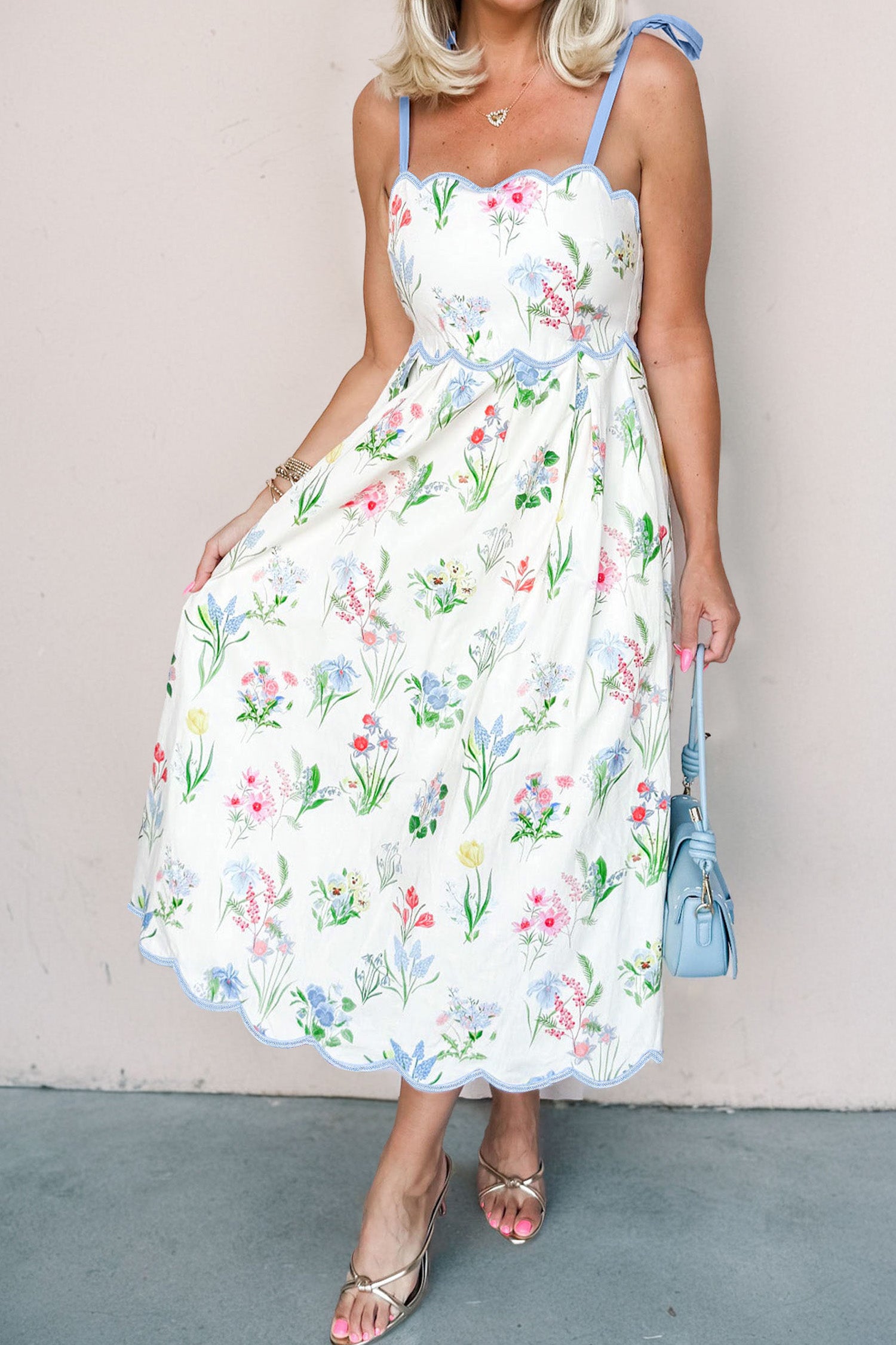 Floral Print Contrast Trim Self-Tie Straps Midi Dress