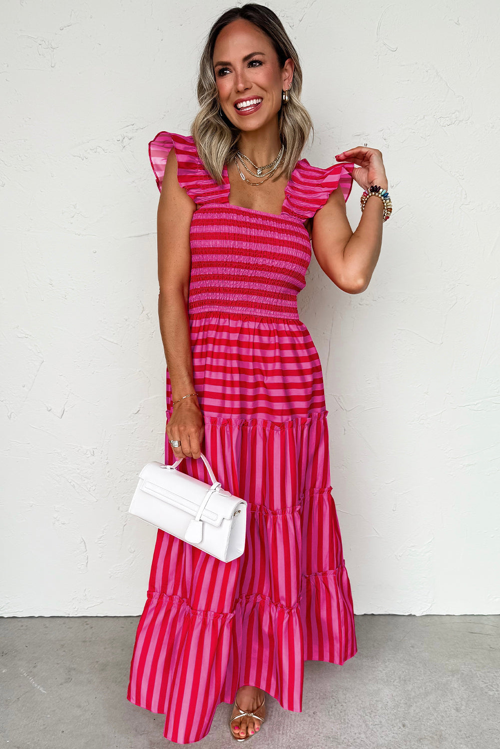 Rose Stripe Flutter Sleeve Smocked Bodice Tiered Maxi Dress eAura