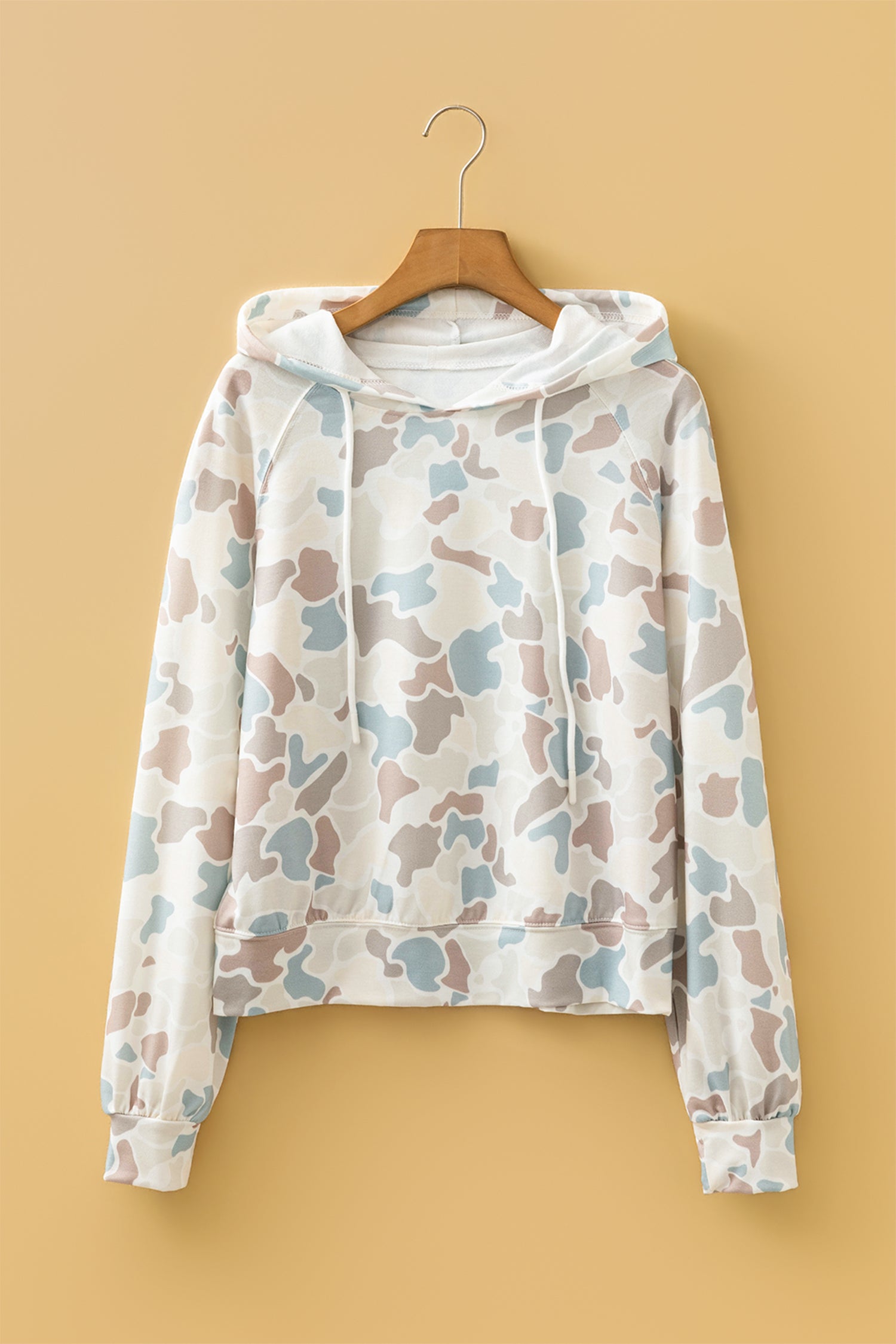 Camouflage Print Relaxed Drawstring Hoodie – Beige