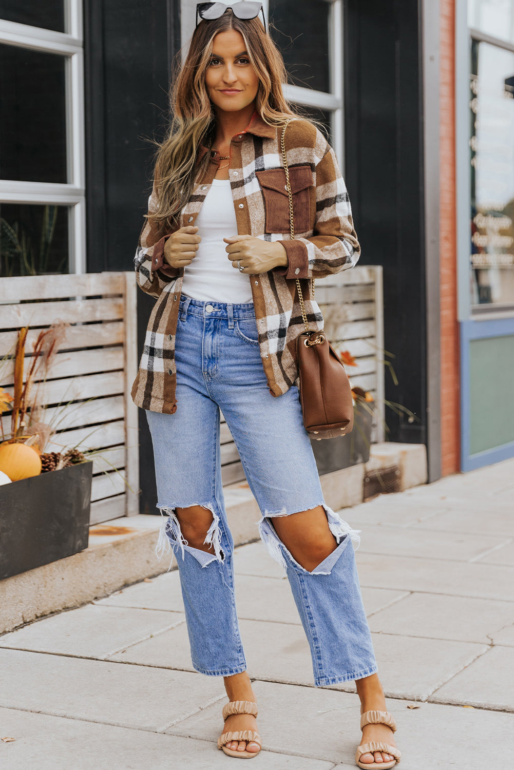 Brown Pocketed Buttoned Plaid Shirt Jacket Beagle Boutique Fashion Outlet