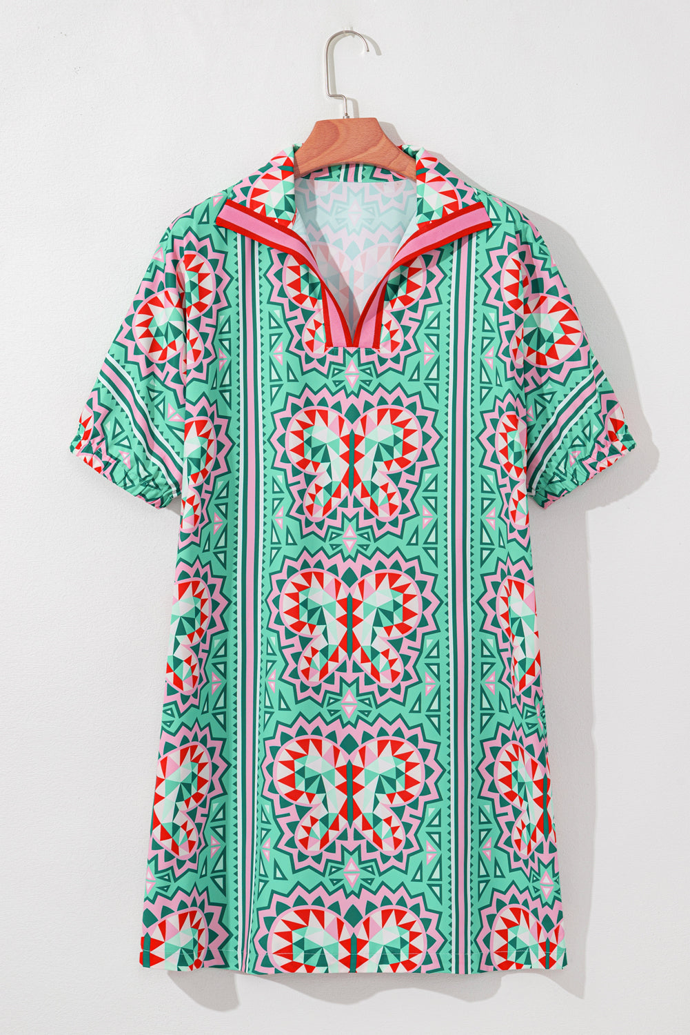 Mint Green Geometric Butterfly Print Split Neck Short Sleeve Dress eAura