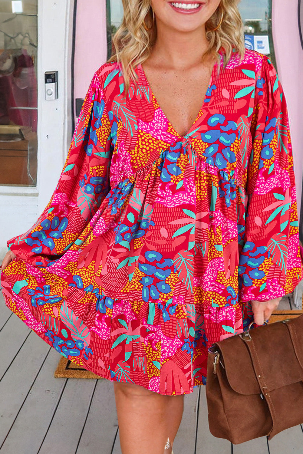 Rose Tropical Printed Lantern Sleeve V Neck Ruffled Plus Size Mini Dress Beagle Boutique Fashion Outlet