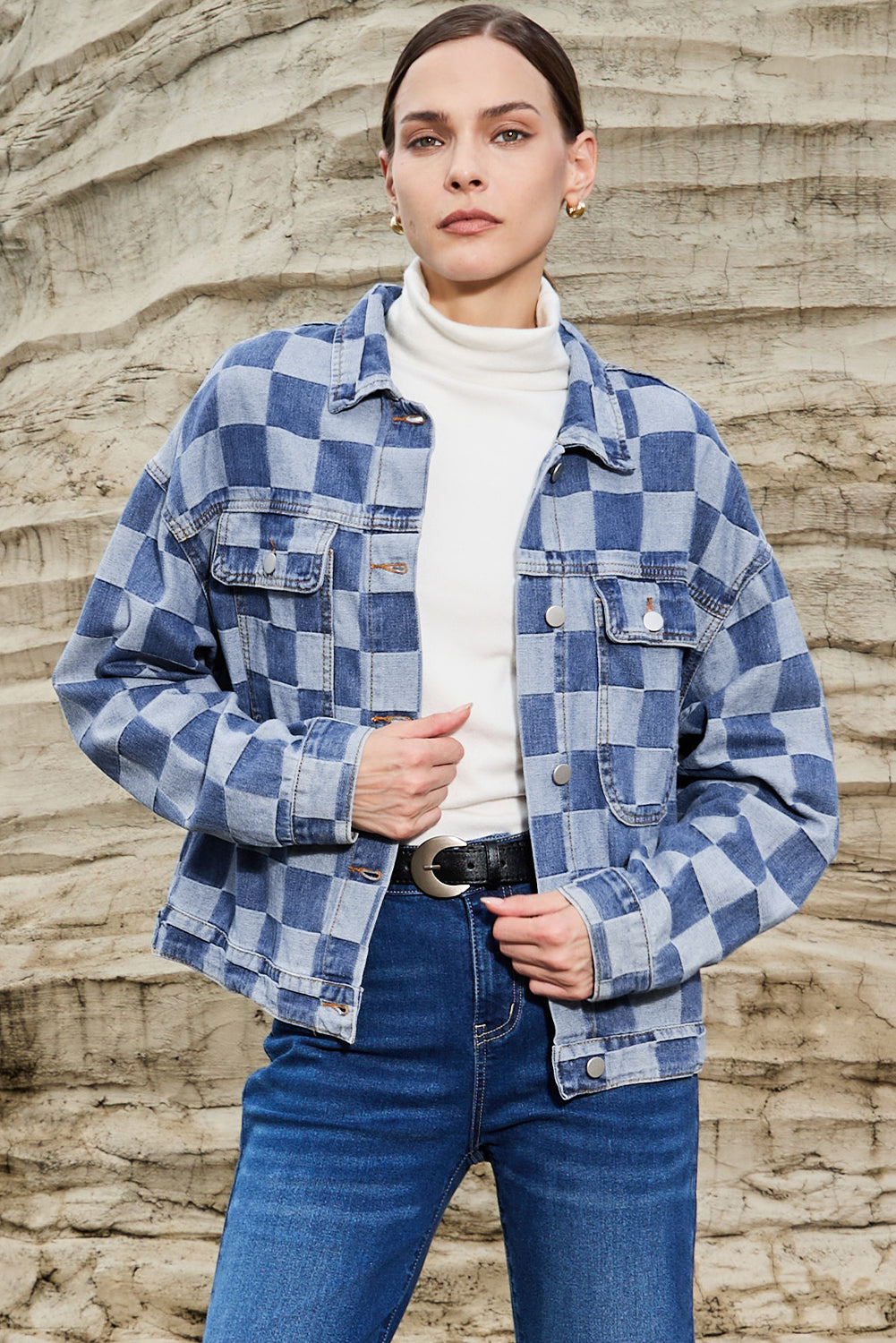 Light Blue Checkered Patchwork Button up Denim Jacket Beagle Boutique Fashion Outlet