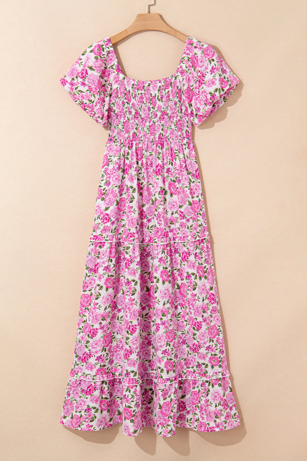 Pink Dainty Floral Smocked Puff Sleeve Flowy Long Dress eAura
