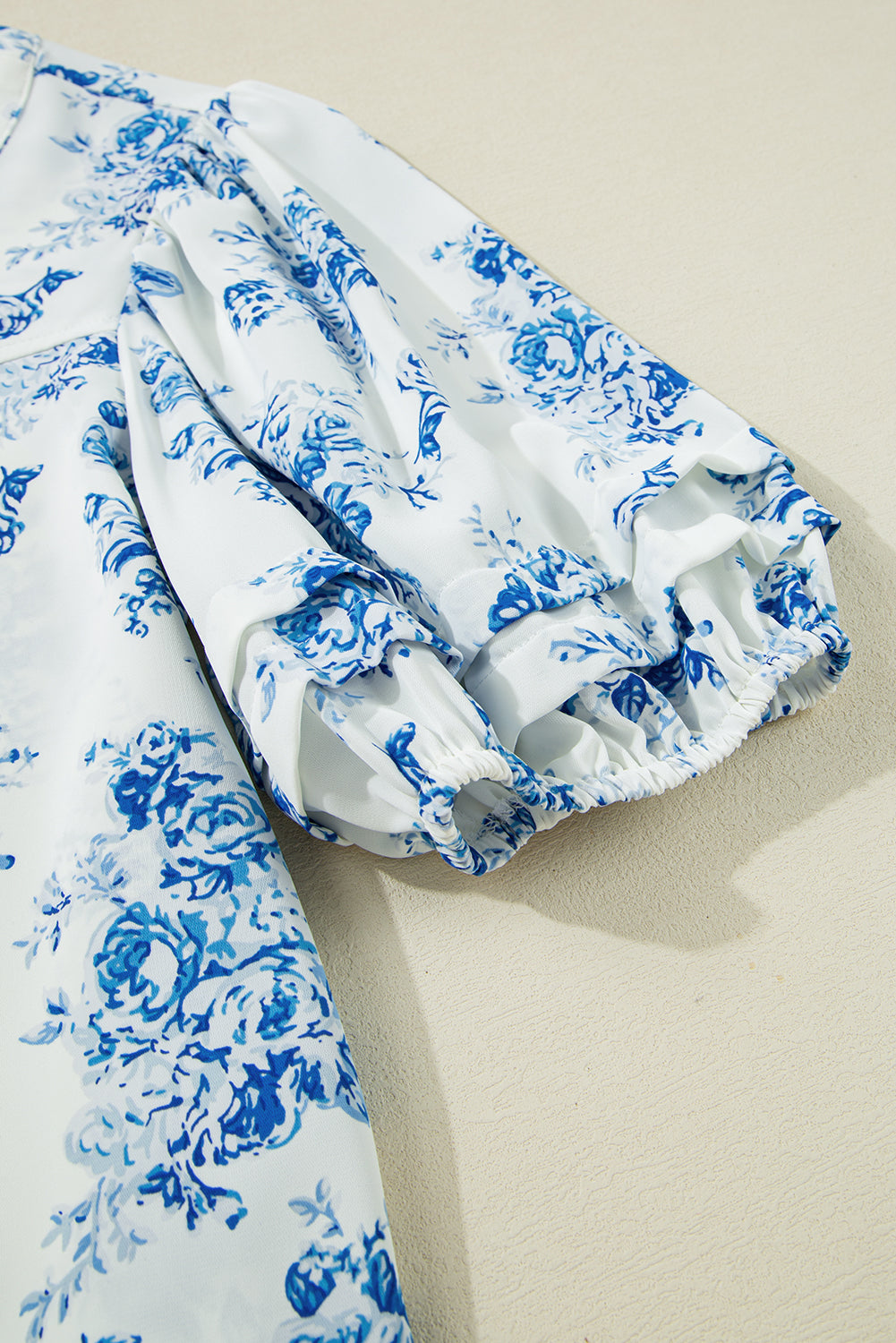 Sky Blue Floral Tiered Puff Short Sleeve Pleated Bust Buttoned Casual Shirt eAura