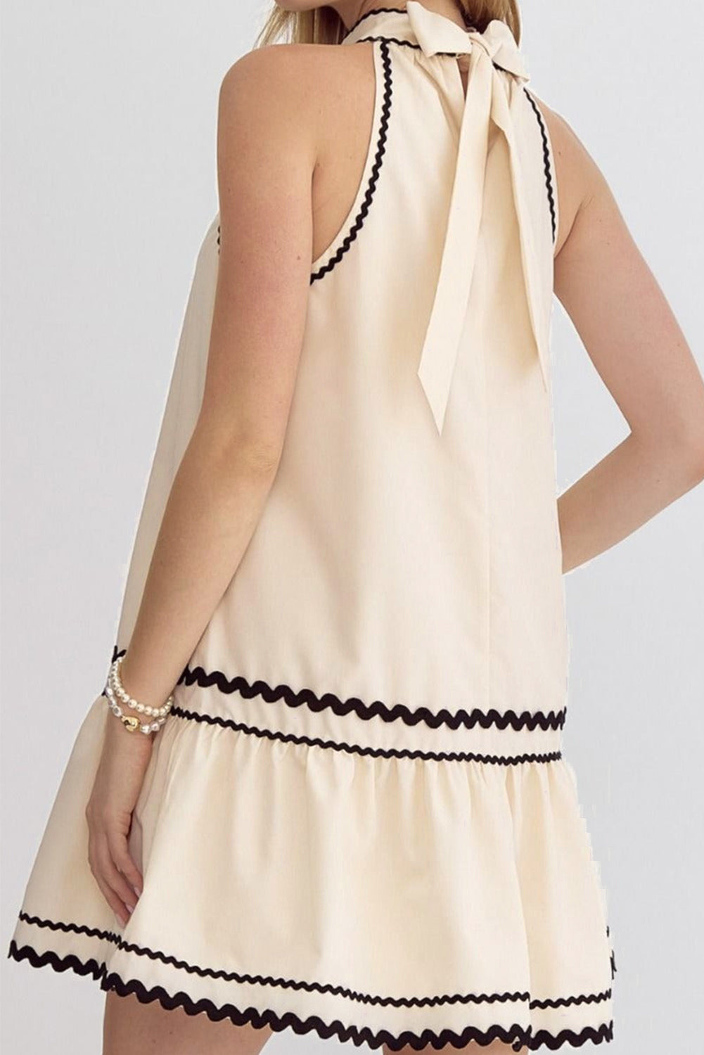 Khaki Stripe Ric Rac Trim Halter A-line Sleeveless Mini Dress eAura