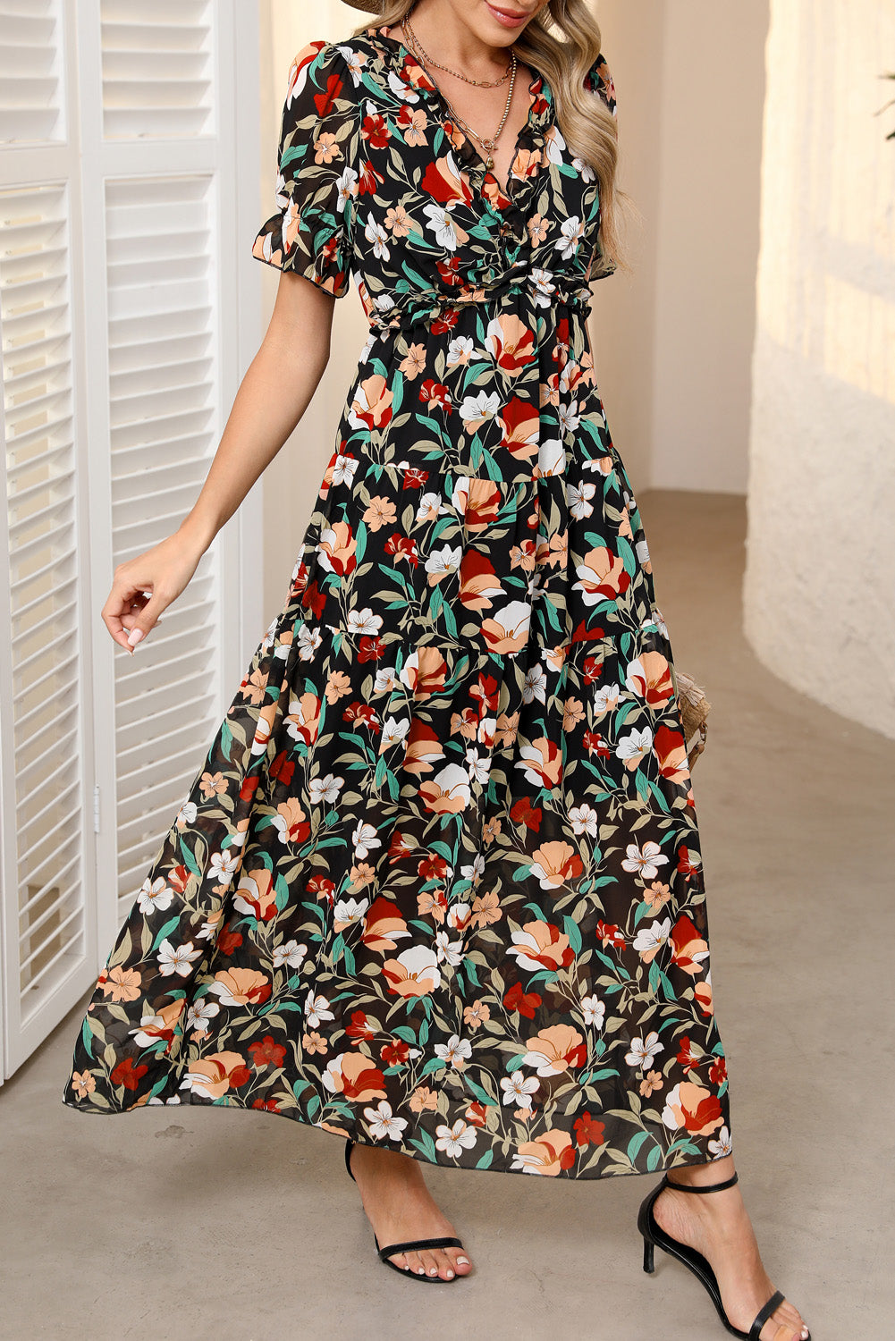 Floral Print Frilled V-Neck Short Sleeve Maxi Dress