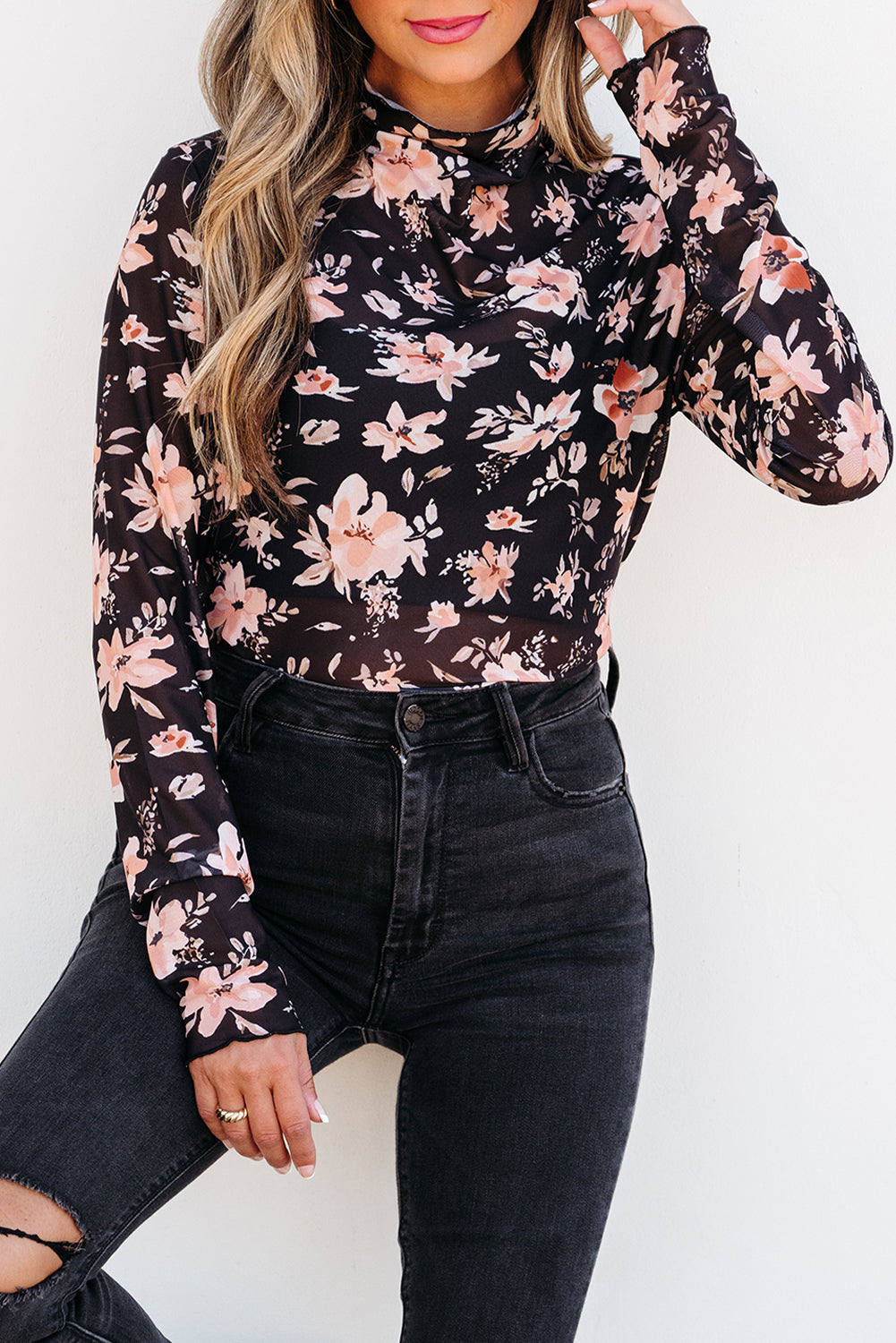 Black Floral Mesh Mock Neck Long Sleeve Slim Fit Top eAura