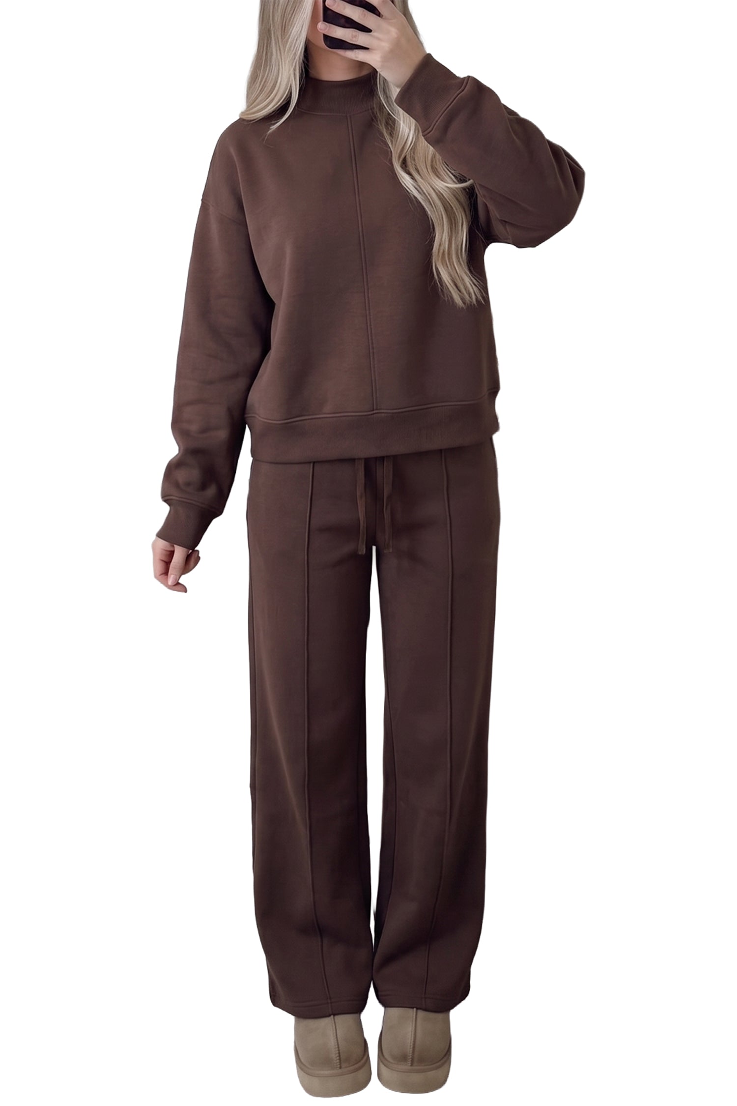Coffee Solid Color Piping Trim Mock Neck Pullover Drawstring Pants Set – Brown