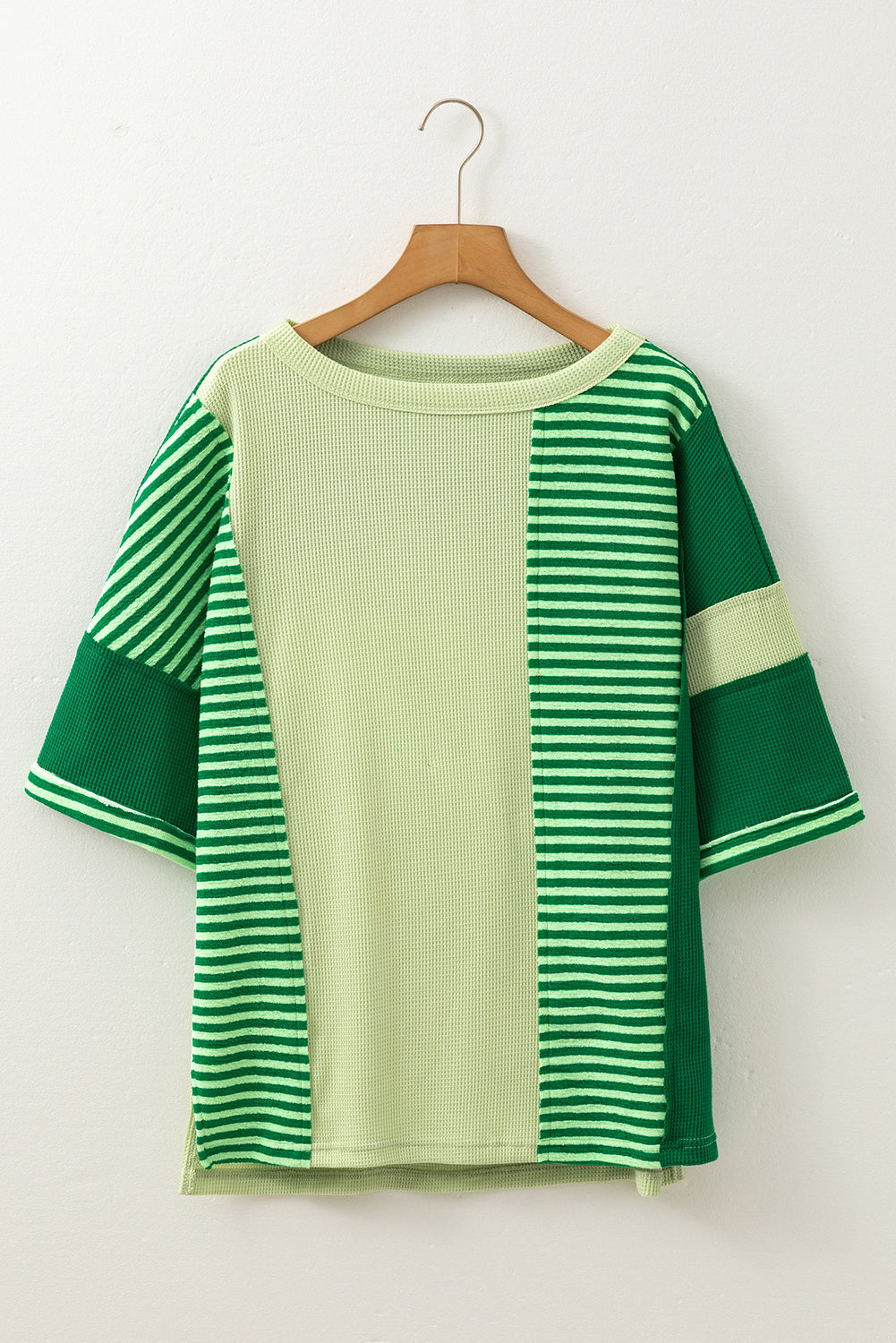 Mint Green Striped Patchwork Textured Colourblock 3/4 Sleeve Knit Top - eAura
