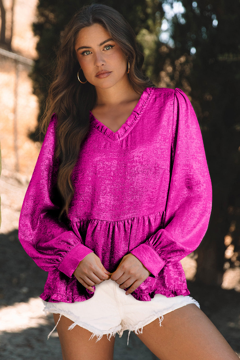 Rose Red Metallic Frilled V Neck Puff Sleeve Babydoll Blouse eAura
