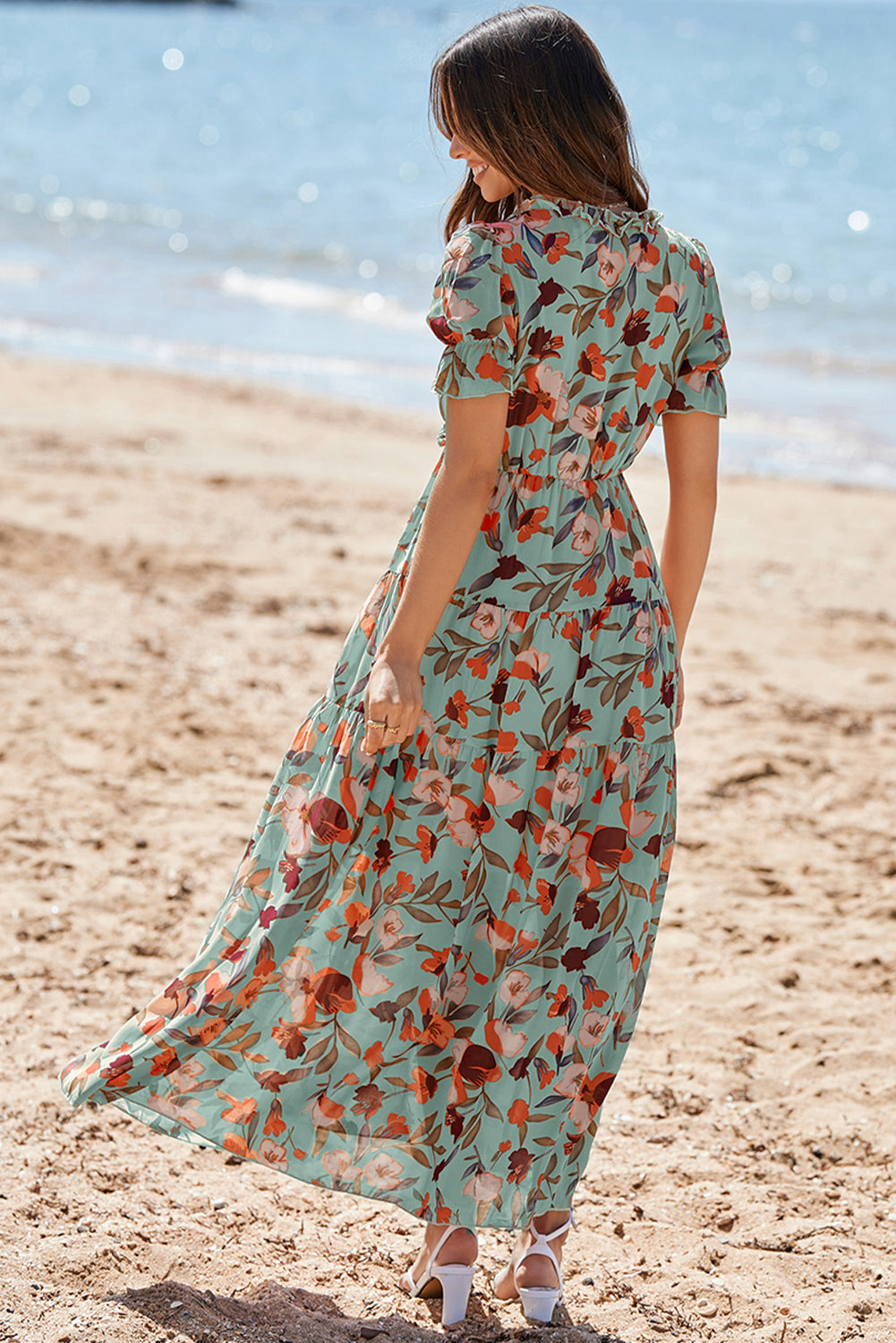Floral Print Frilled V-Neck Short Sleeve Maxi Dress