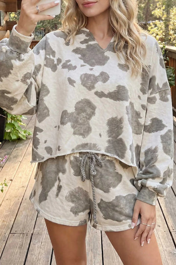 Western Print Raw Hem Long Sleeve Top Drawstring Shorts Set – Grey