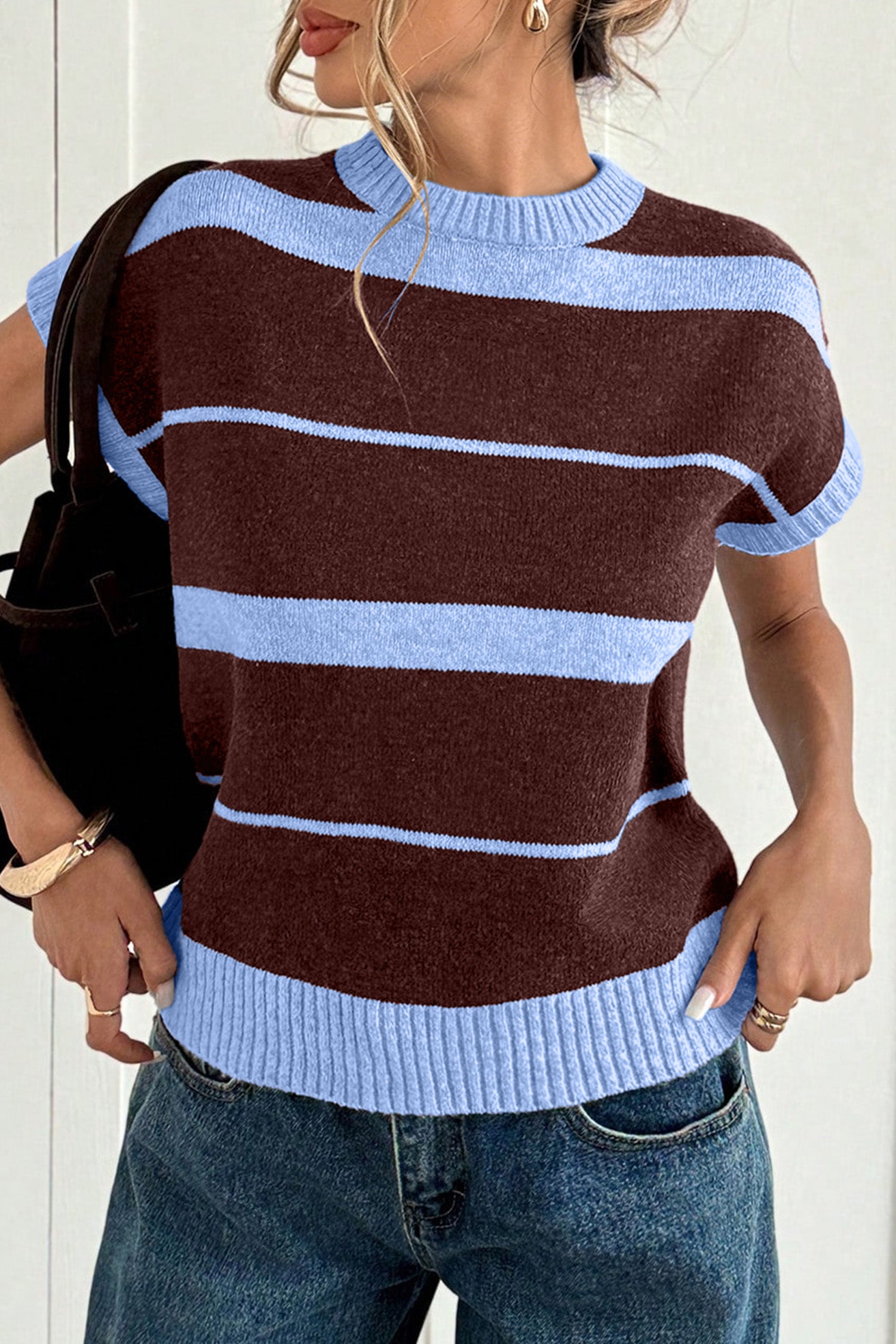 Striped Short Sleeve Round Neck Casual Knit Top – Sky Blue Stripe