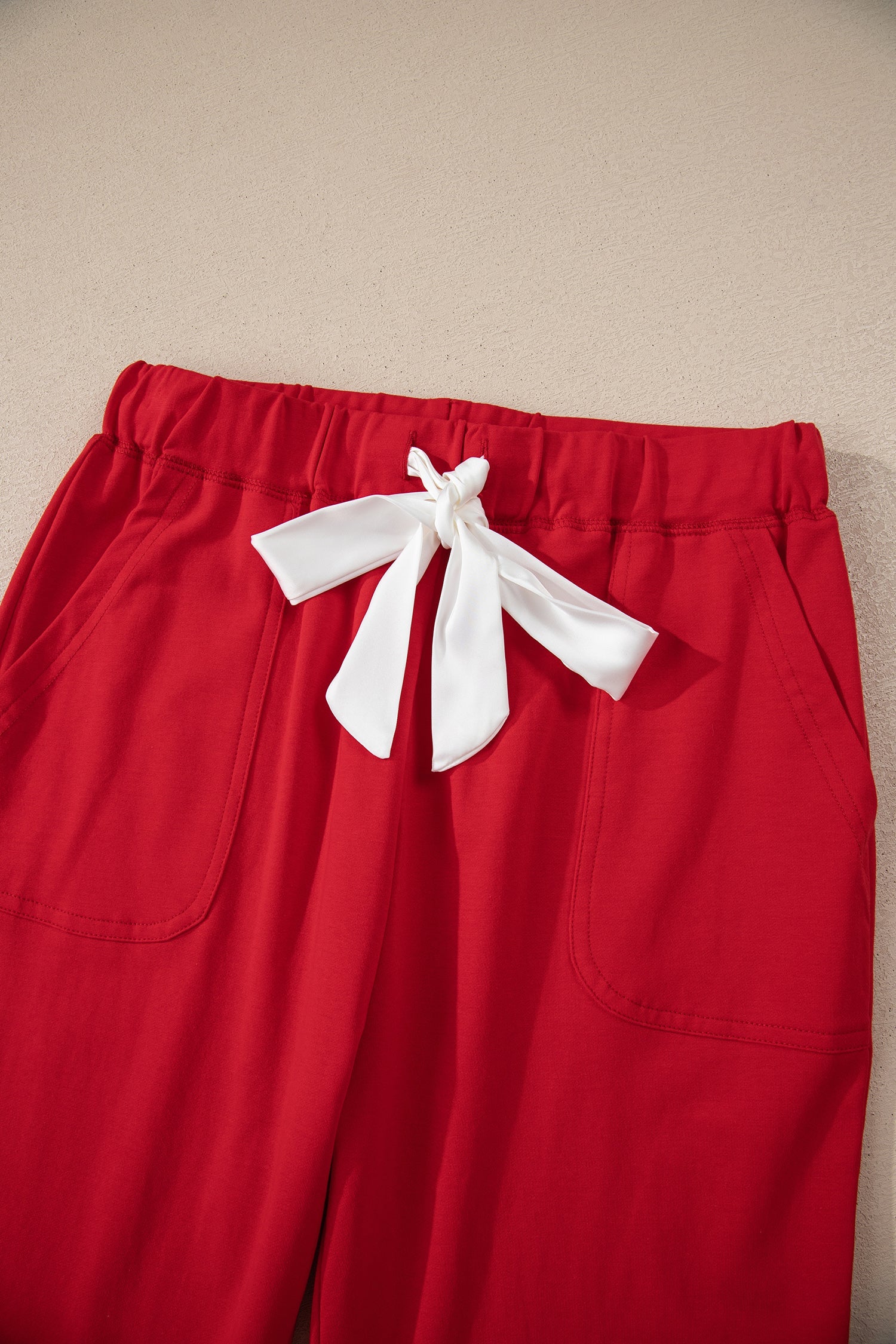 Fiery Red Contrast Trim Button V Neck Ribbon Bow Knot Waist 2pcs Lounge Pant Set - eAura