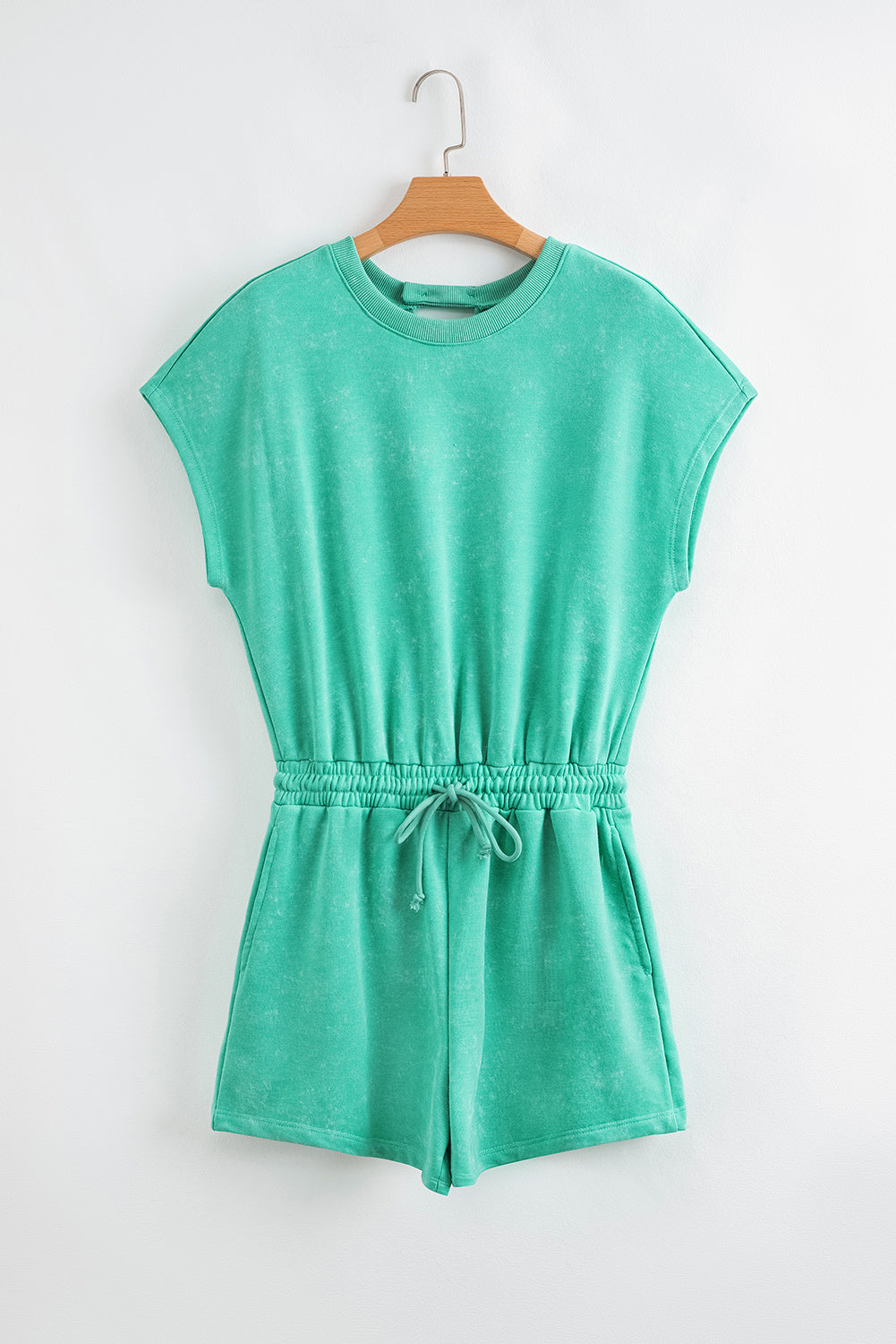 Sea Green Mineral Wash Drawstring Waist Hollow Out Back Short Sleeve Romper eAura