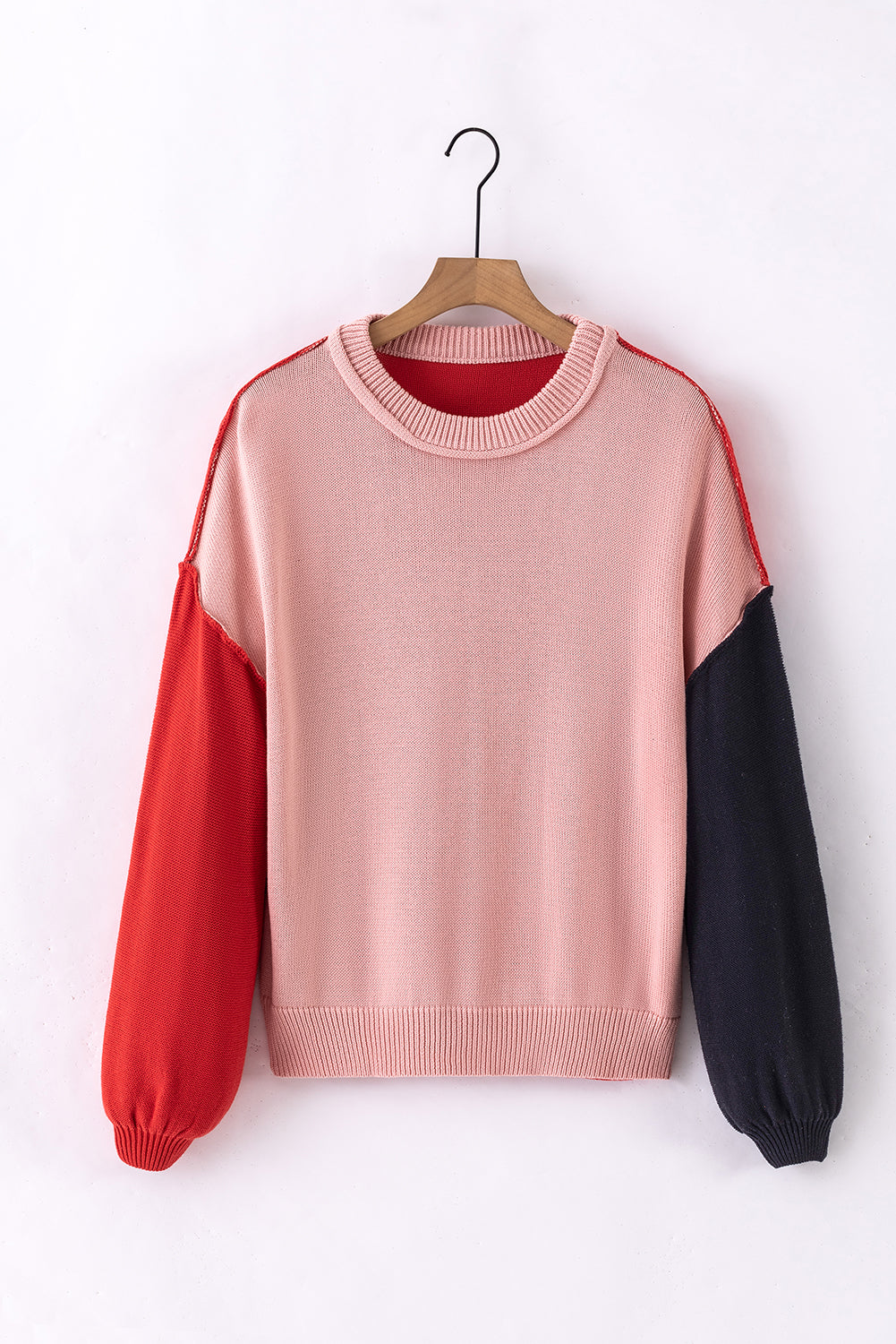 Pink Colourblock Bishop Sleeve Ribbed Trim Sweater eAura