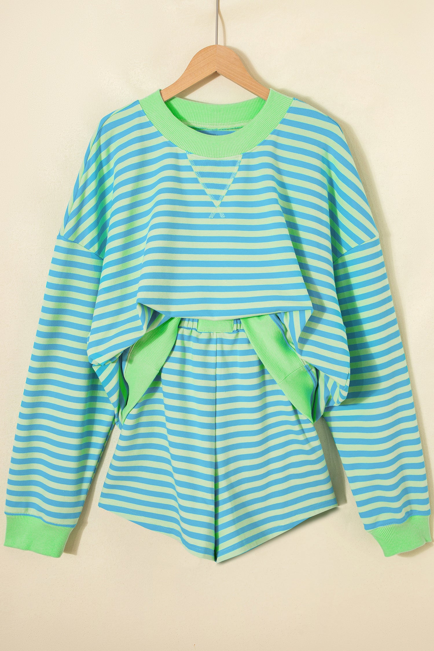 Color Block Detail Long Sleeve Pullover Elastic Waist Pull On Shorts 2pcs Set – Yellow Stripe