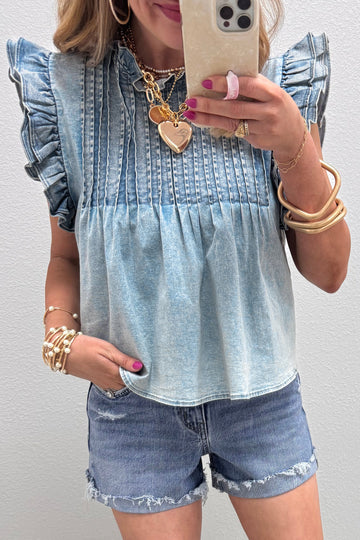 Ruffle Pleated Detail Vintage Washed Denim Top