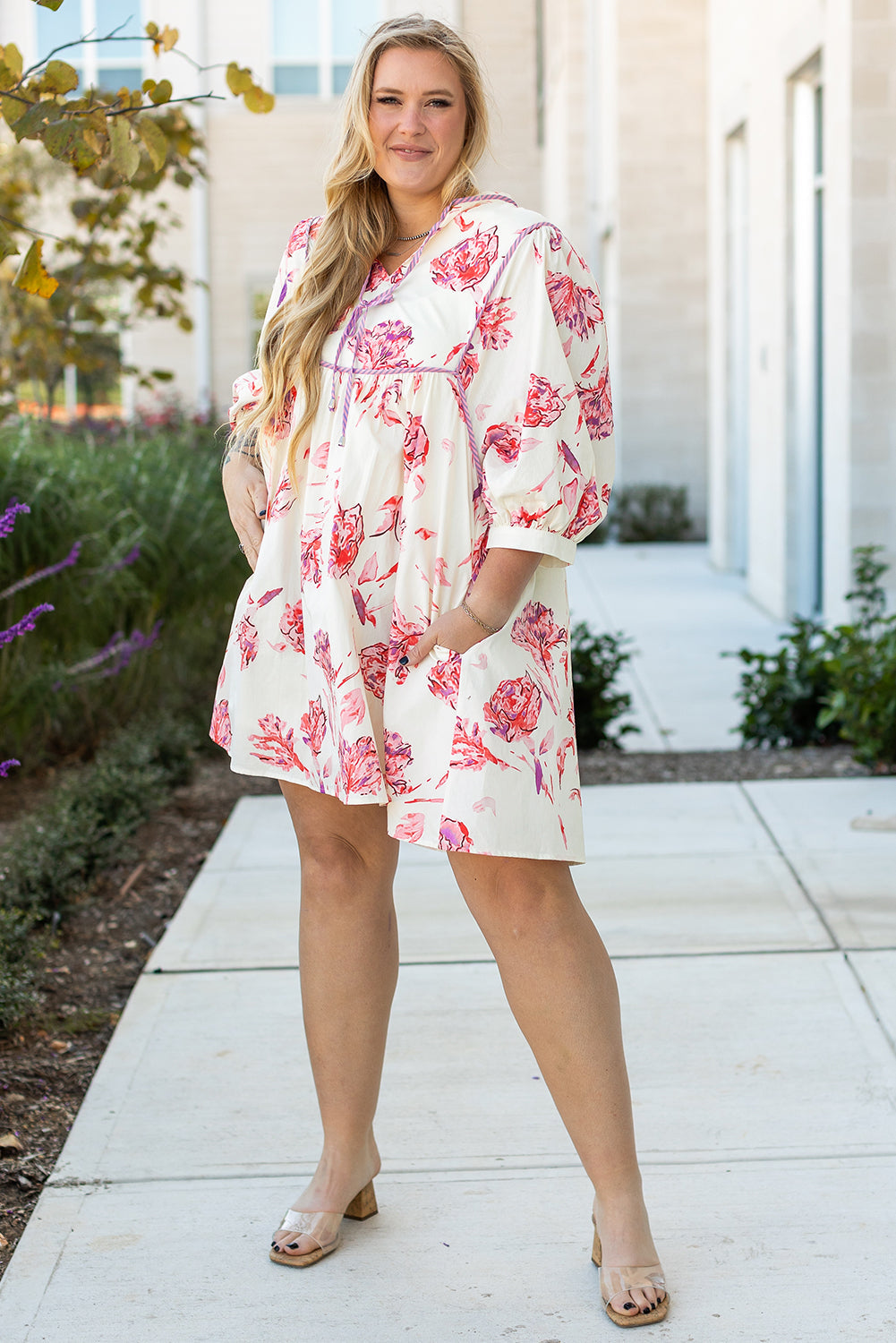 White Floral Print Lace up V Neck Balloon Sleeve Plus Size Shift Mini Dress BB Fashion Outlet